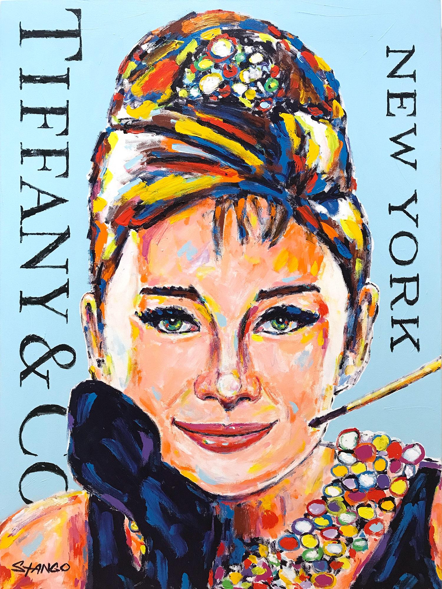 Portrait Painting de John Stango - "Miss Audrey Hepburn" Audrey & Tiffany & Co. Pintura acrílica pop art sobre lienzo