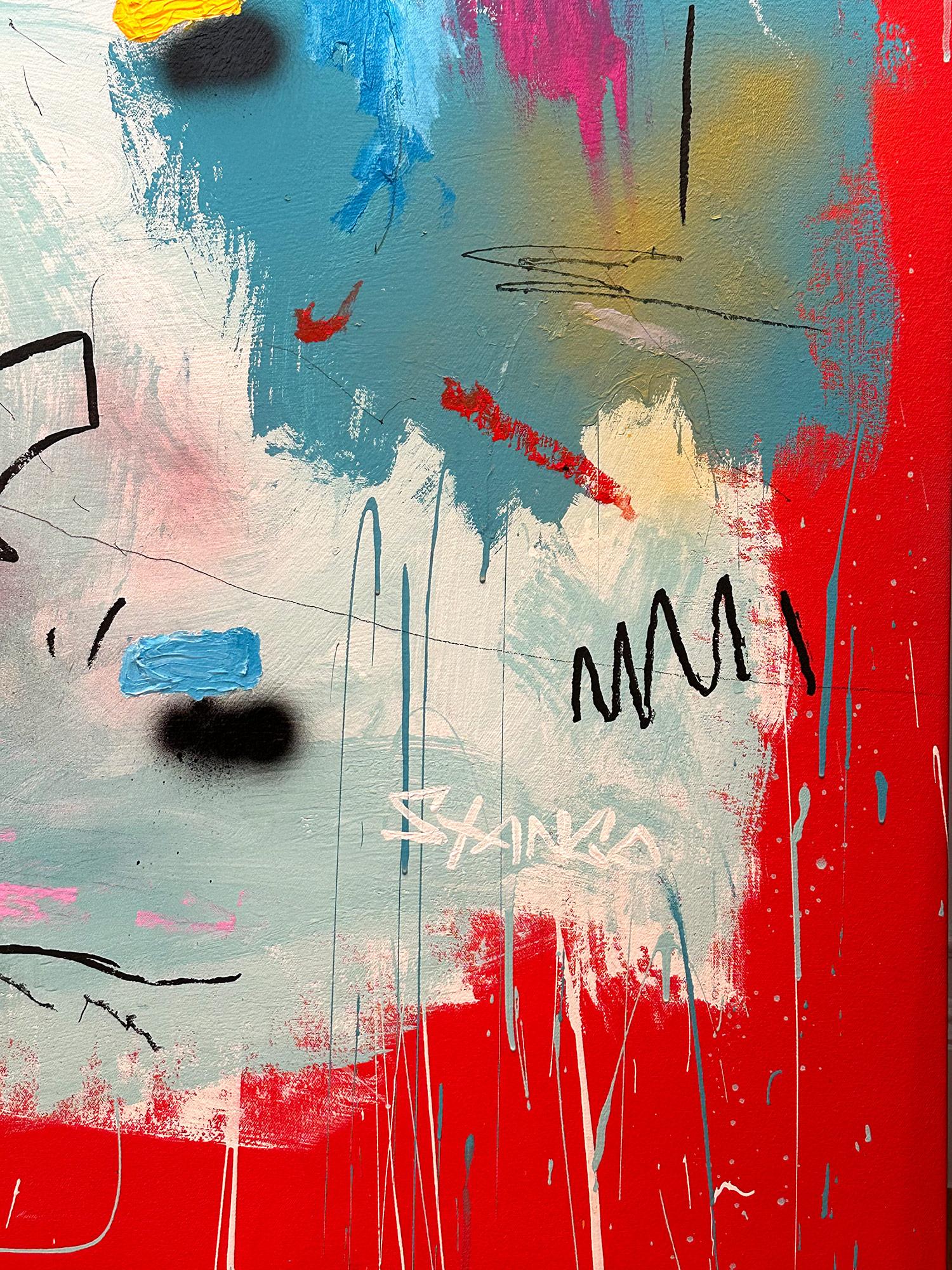 „Red Mustang“ Abstraktes Pop-Art-Gemälde in Acryl auf Leinwand mit buntem und rotem Hintergrund im Angebot 2