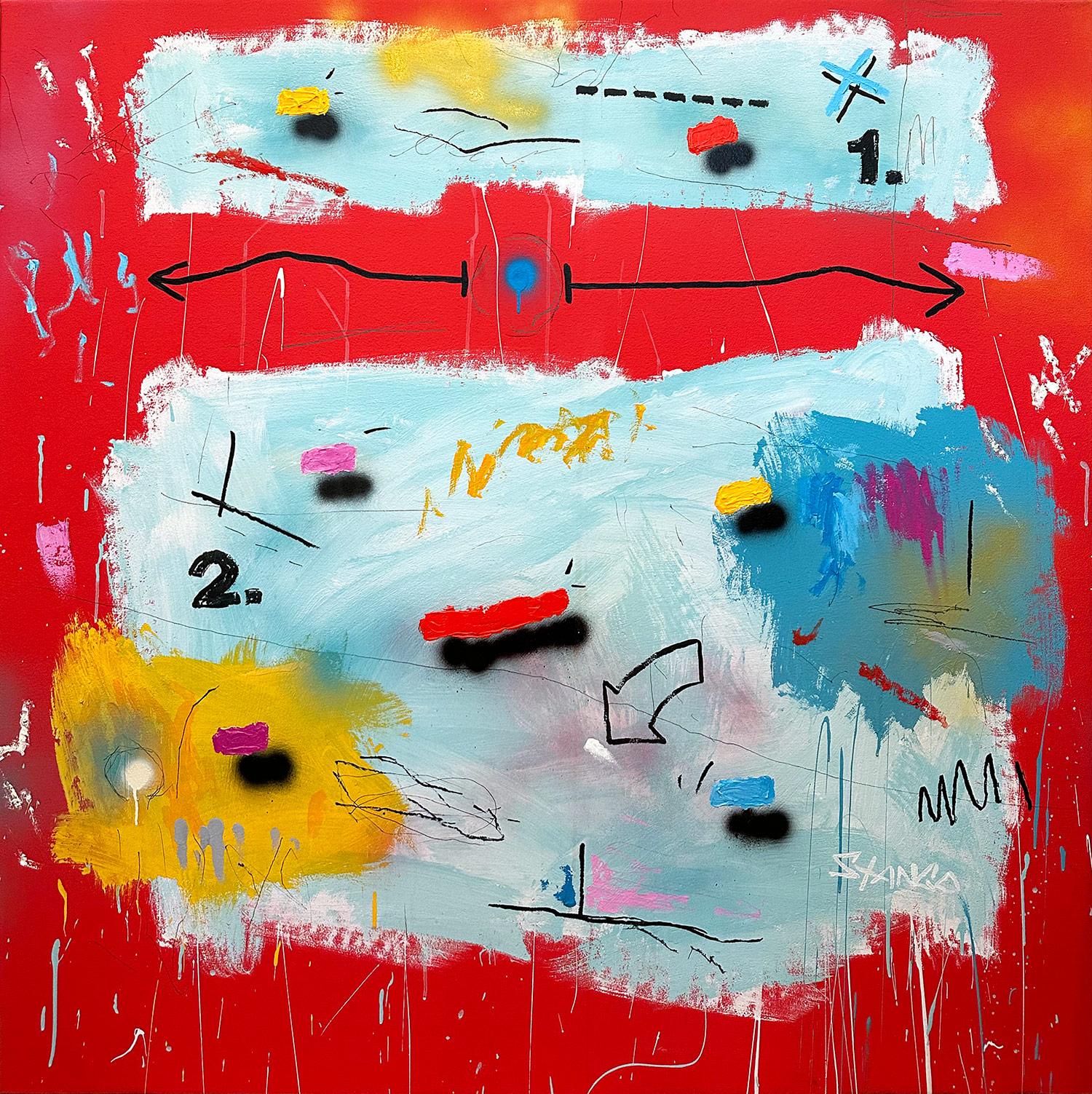 John Stango Abstract Painting – „Red Mustang“ Abstraktes Pop-Art-Gemälde in Acryl auf Leinwand mit buntem und rotem Hintergrund