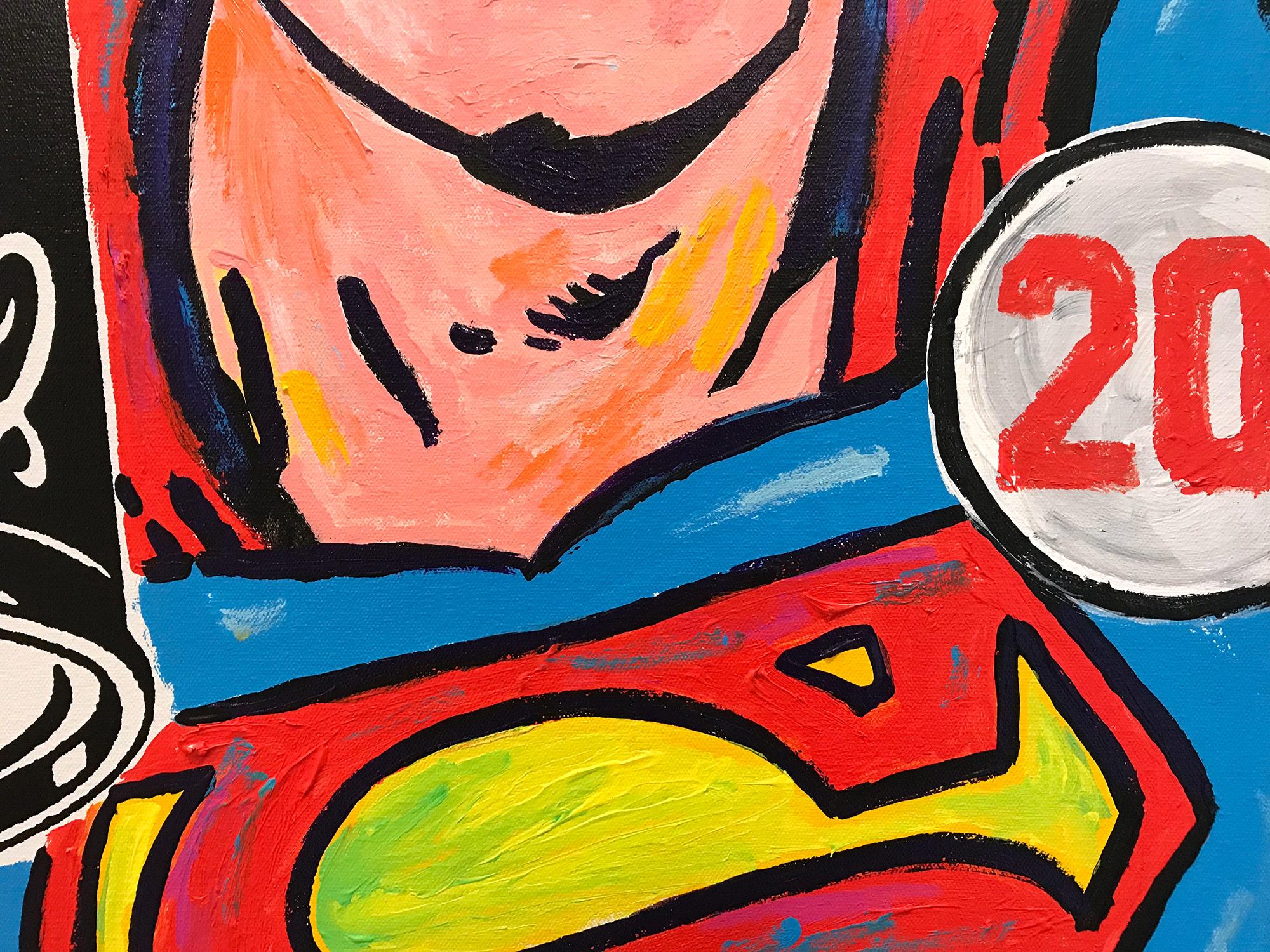 A pop piece depicting Superman juxtaposed with the and upside down Campbells Tomato Soup. With impasto painting, and quick brushwork we are drawn to the movement, as the artist is able to engage his viewer with contrasting highlights and shadow.