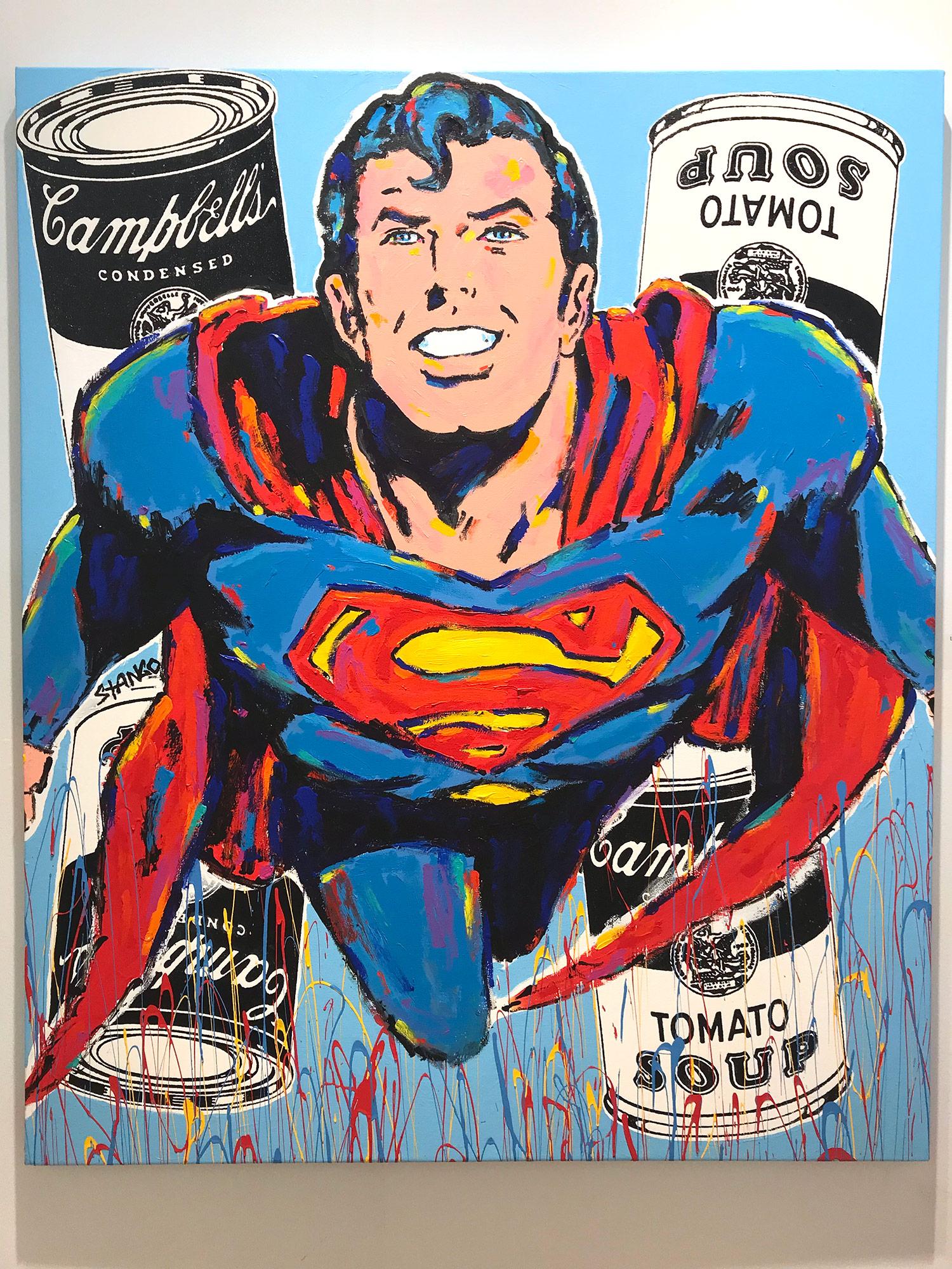 Peinture Pop Art sur toile « Souperman » Superman & Campbells Soup Blue Background 9