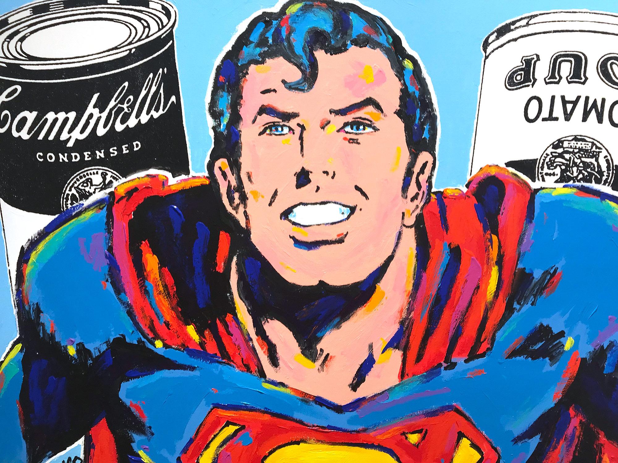 Peinture Pop Art sur toile « Souperman » Superman & Campbells Soup Blue Background - Painting de John Stango