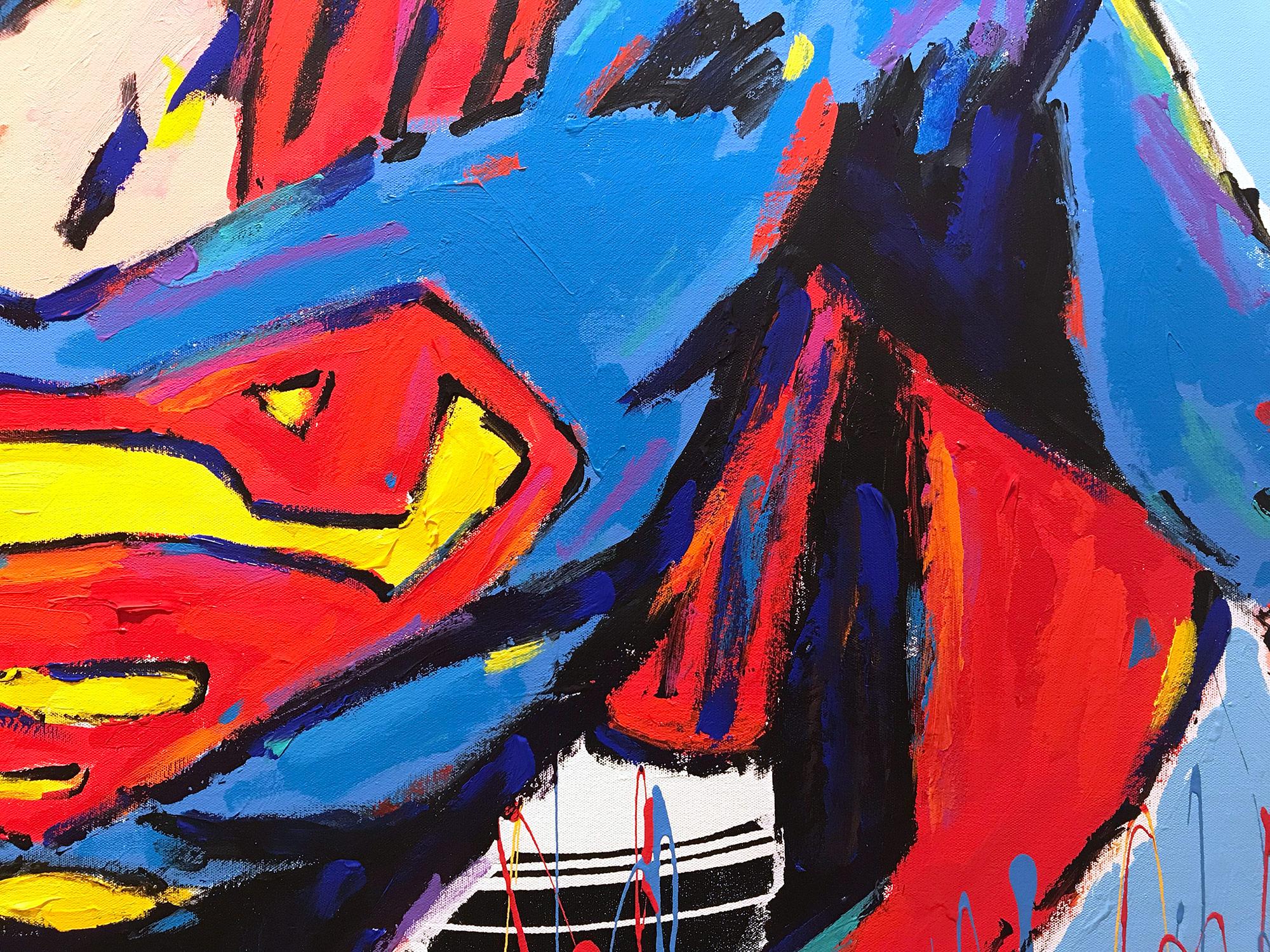 Peinture Pop Art sur toile « Souperman » Superman & Campbells Soup Blue Background - Contemporain Painting par John Stango