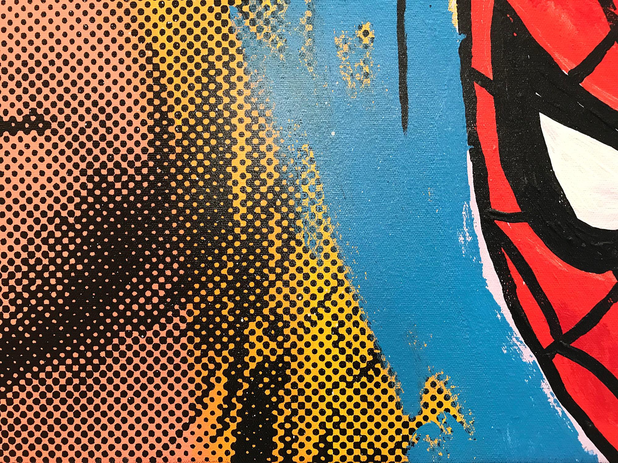 A pop piece depicting Spider-Man juxtaposed with Kurt Cobain. With impasto painting, silkscreening, and quick brushwork we are drawn to the movement, as the artist is able to engage his viewer with contrasting highlights and shadow. This piece is on