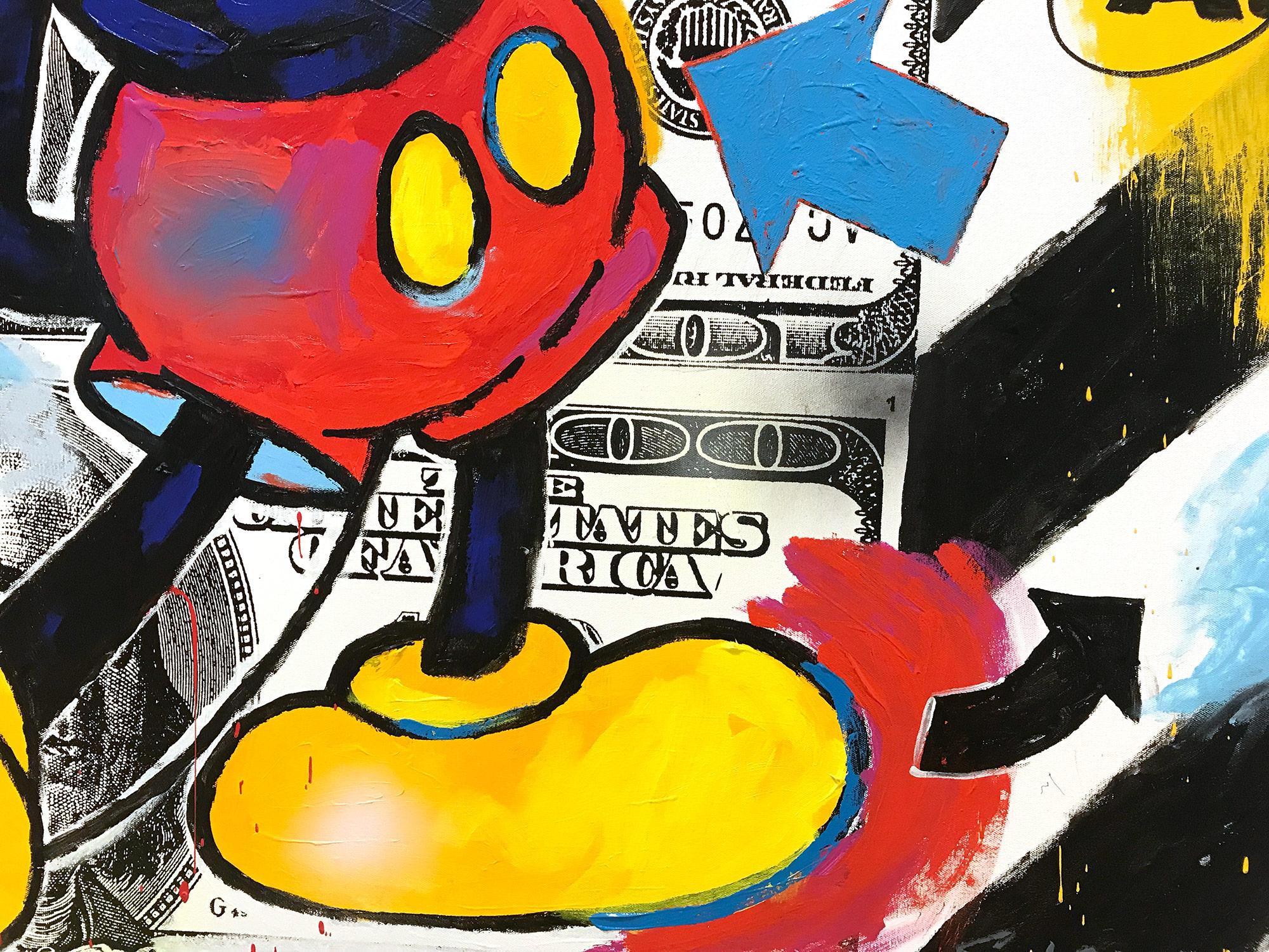 A pop piece depicting Mickey Mouse juxtaposed with 100 Dollar Bills. With impasto painting, thrown paint and quick brushwork we are drawn to the movement, as the artist is able to engage his viewer with contrasting highlights and shadow. This piece