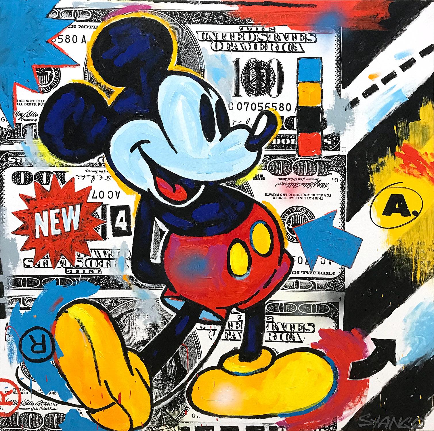 John Stango Abstract Painting - "Street Mouse" Mickey Mouse & 100 Dollar Bills Pop Art Acrylic Canvas Painting