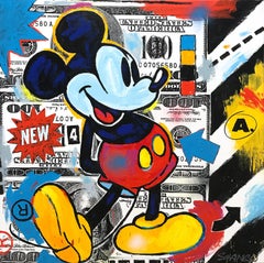 Peinture sur toile acrylique Pop Art « Street Mouse » de Mickey Mouse et 100 Dollar Bills