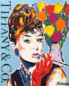  „Tiffany Blue“ Audrey Hepburn mit Blumen, Pop-Art-Acrylgemälde auf Leinwand