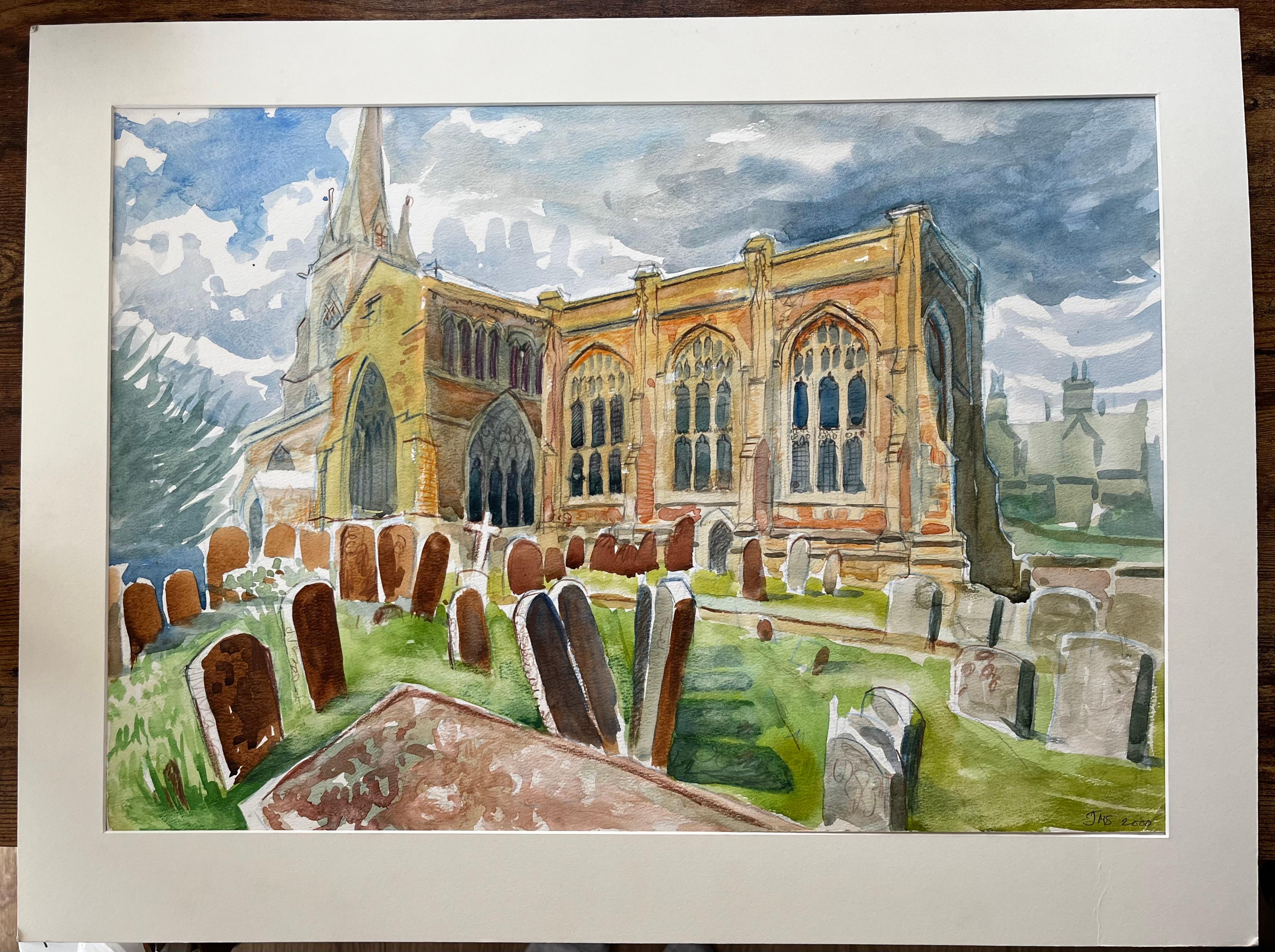 Adderbury Church's Oxfordshire Aquarell mit Grabsteinen und dramatischem Himmel – Art von John Steane (b.1931)