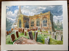 Adderbury Church Oxfordshire Aquarelle avec pierres tombales et ciel dramatique