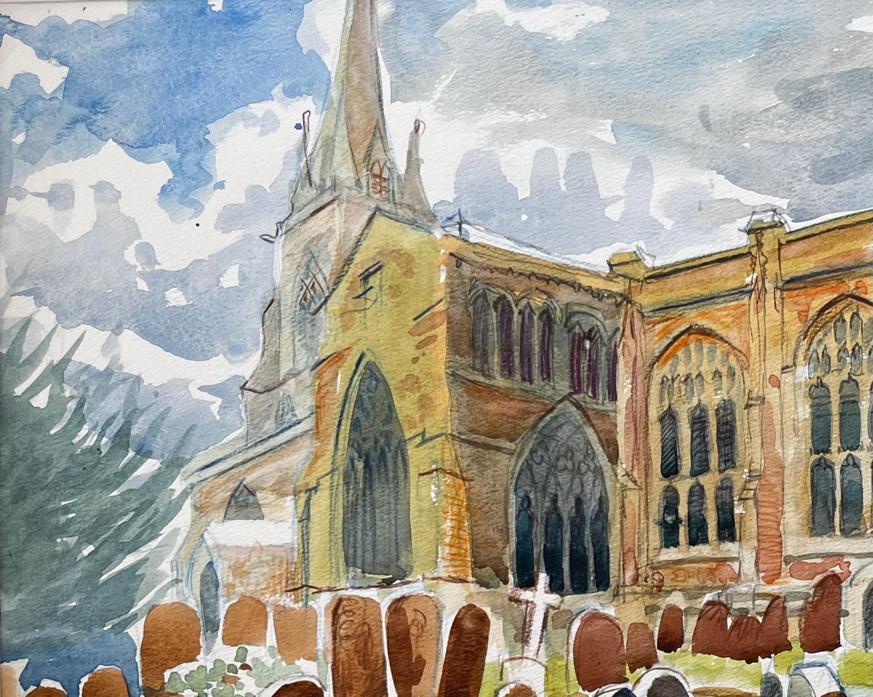 Adderbury Church's Oxfordshire Aquarell mit Grabsteinen und dramatischem Himmel (Impressionismus), Art, von John Steane (b.1931)