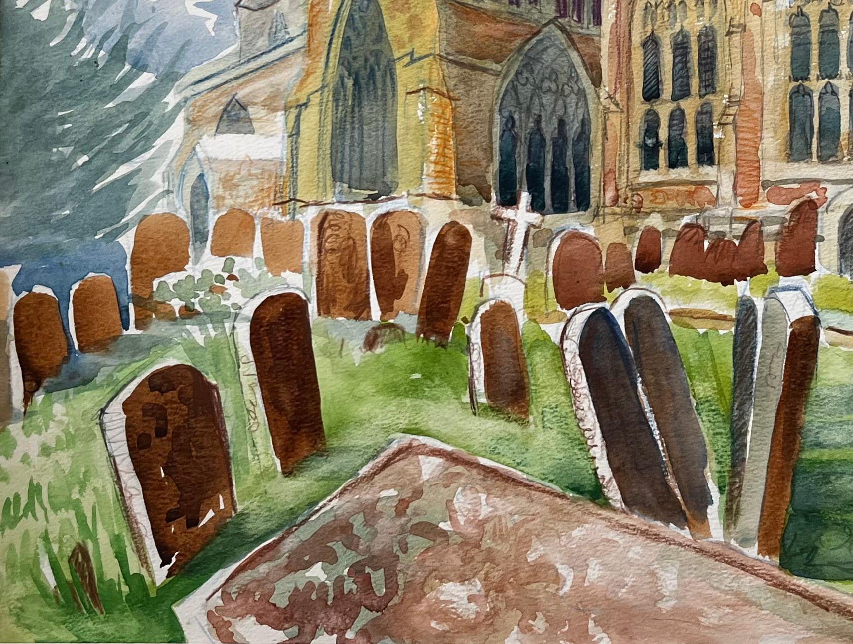 Adderbury Church's Oxfordshire Aquarell mit Grabsteinen und dramatischem Himmel (Grau), Landscape Art, von John Steane (b.1931)