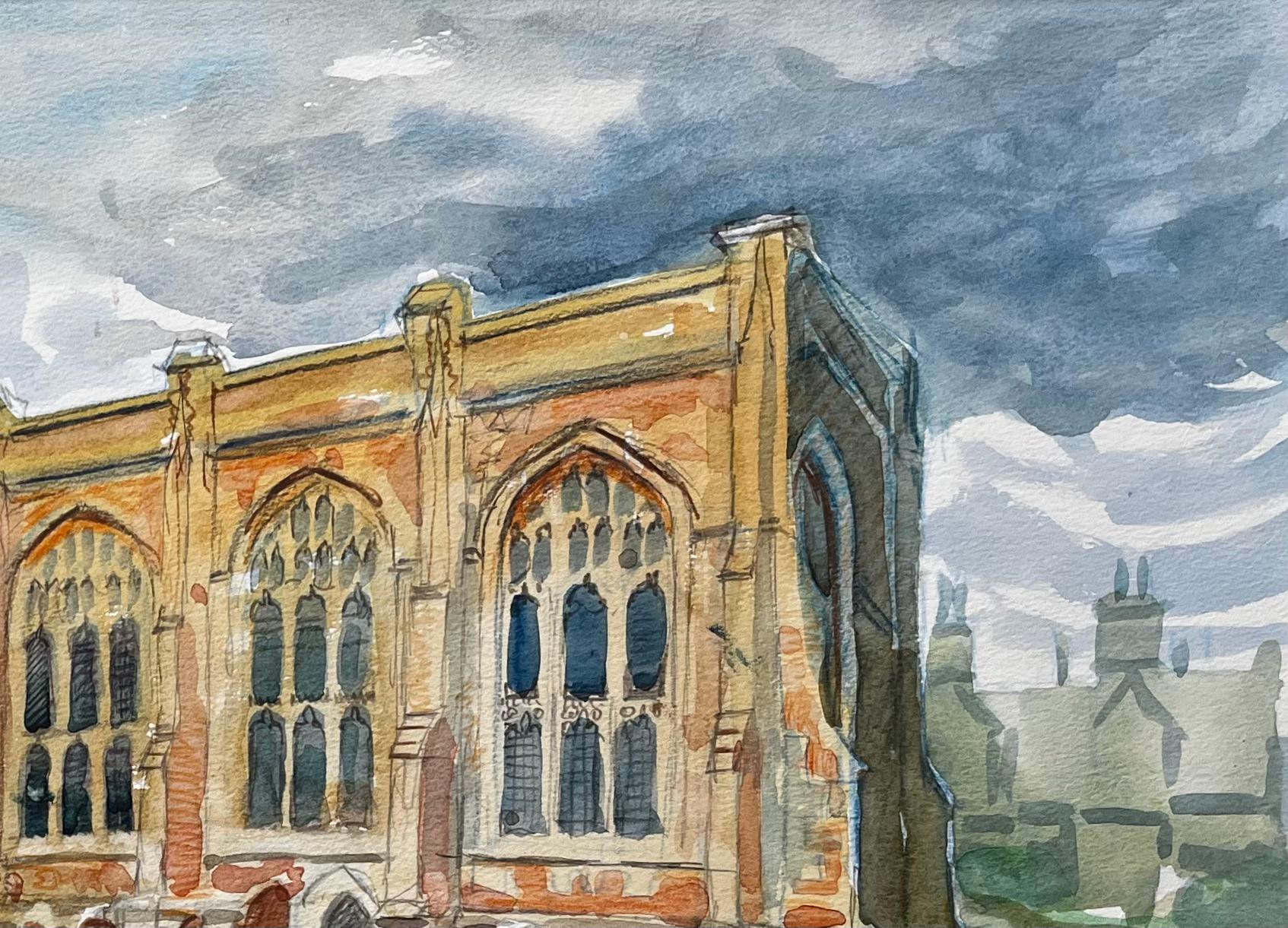 Titel: Adderbury Church's Oxfordshire Aquarell mit Grabsteinen und dramatischem Himmel
von John Steane (geb.1931)
Größe: 20,5 Zoll (Höhe) x 27 Zoll (Breite), einschließlich Montage
Aquarell auf Papier, montiert, aber ungerahmt
Zustand: Gut, einige