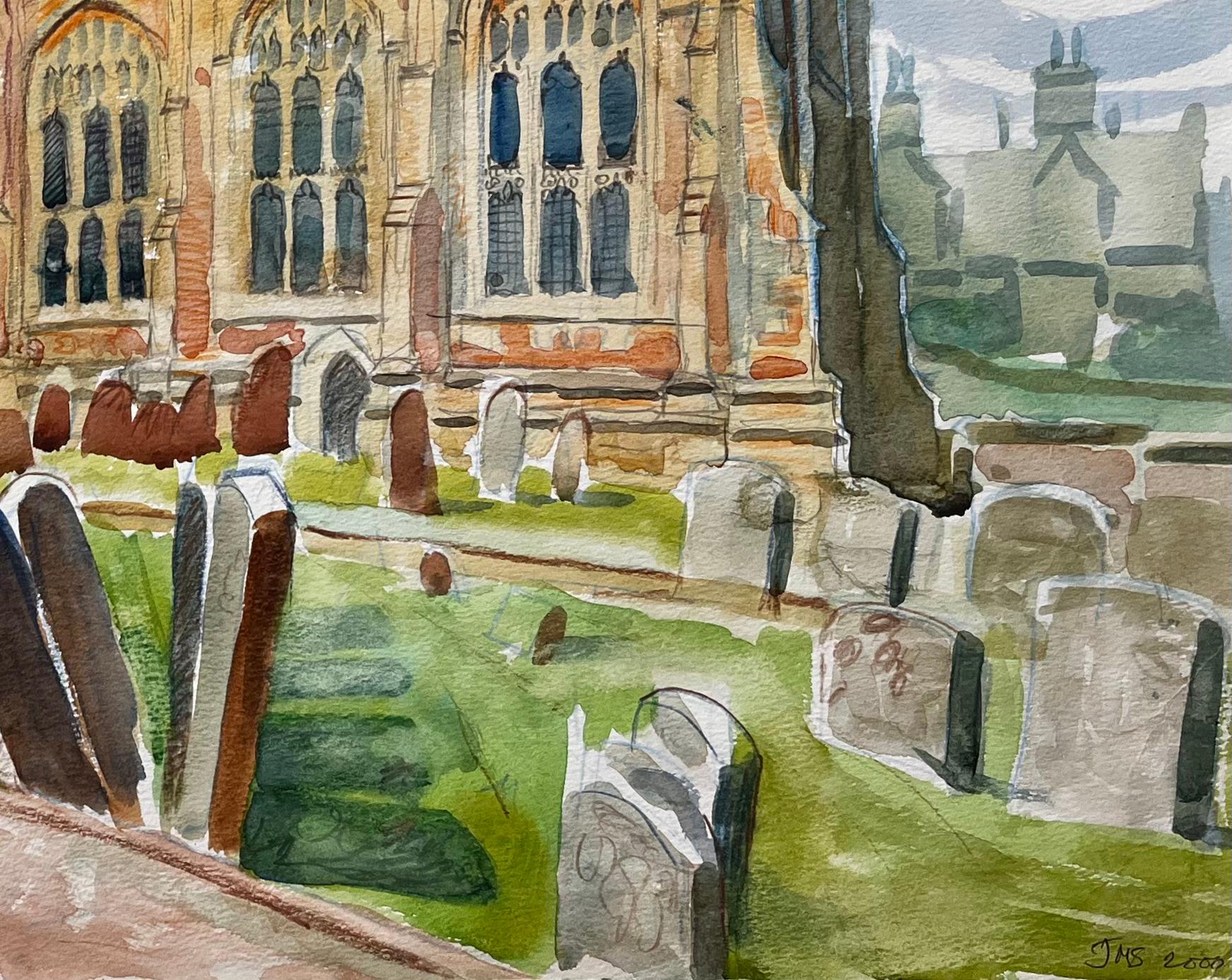 Adderbury Church's Oxfordshire Aquarell mit Grabsteinen und dramatischem Himmel im Angebot 1