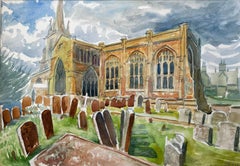 Adderbury Church's Oxfordshire Aquarell mit Grabsteinen und dramatischem Himmel
