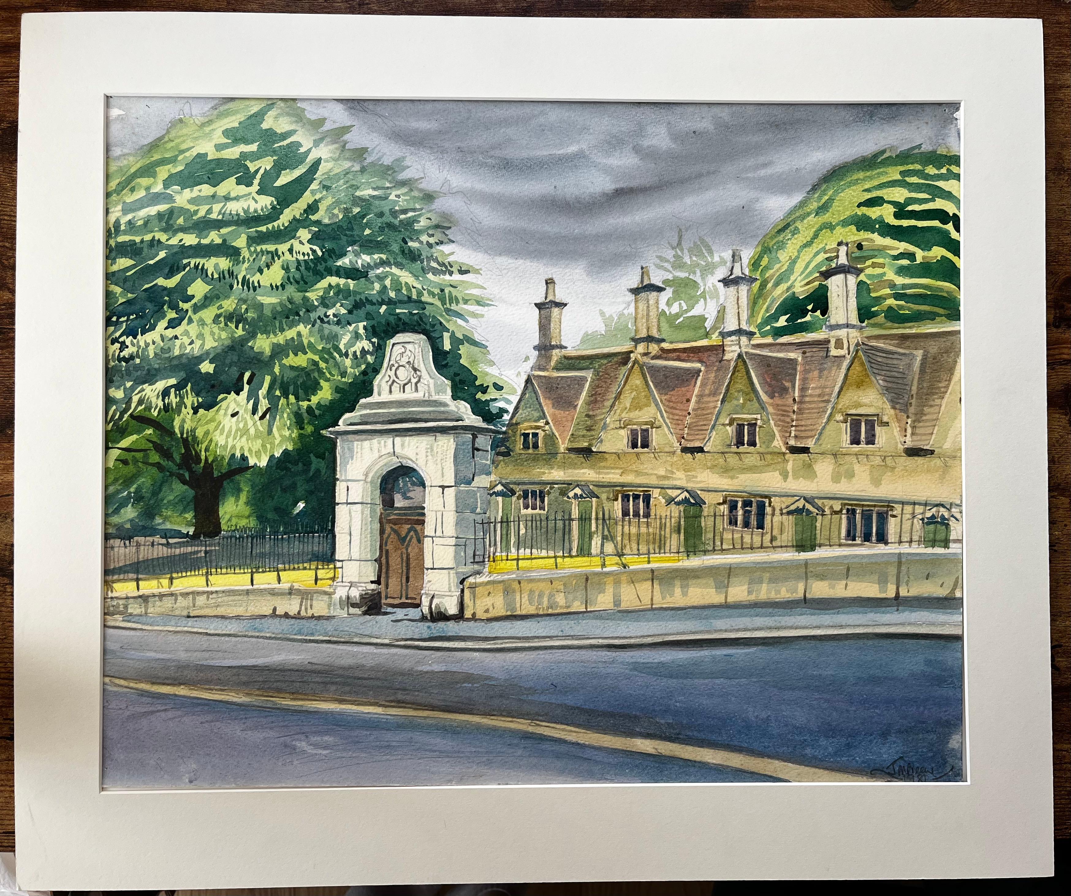 Almshouses und Stone Gateway Chipping Norton Oxfordshire Architektonische Szene – Painting von John Steane (b.1931)
