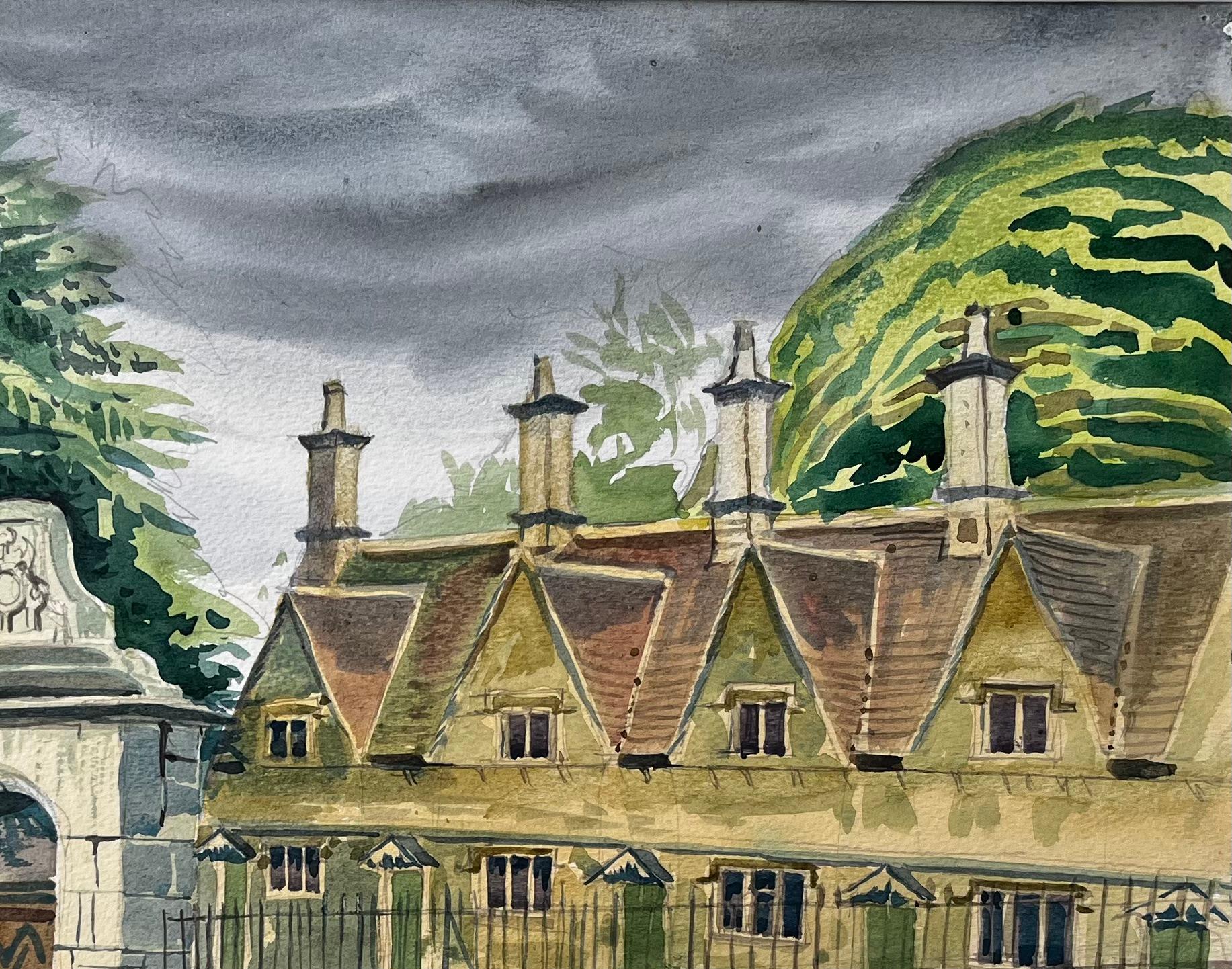 Titel: Almshouses und Steintor Chipping Norton Oxfordshire Architektonische Szenerie
von John Steane (geb.1931)
Größe: 19,75 Zoll (Höhe) x 23,25 Zoll (Breite), einschließlich Montage
Aquarell auf Papier, montiert, aber ungerahmt
Zustand: Gut, einige
