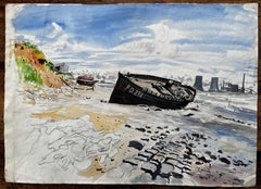 Beached Fishing Boat on Mersey Estuary Industrial Lancashire Landscape