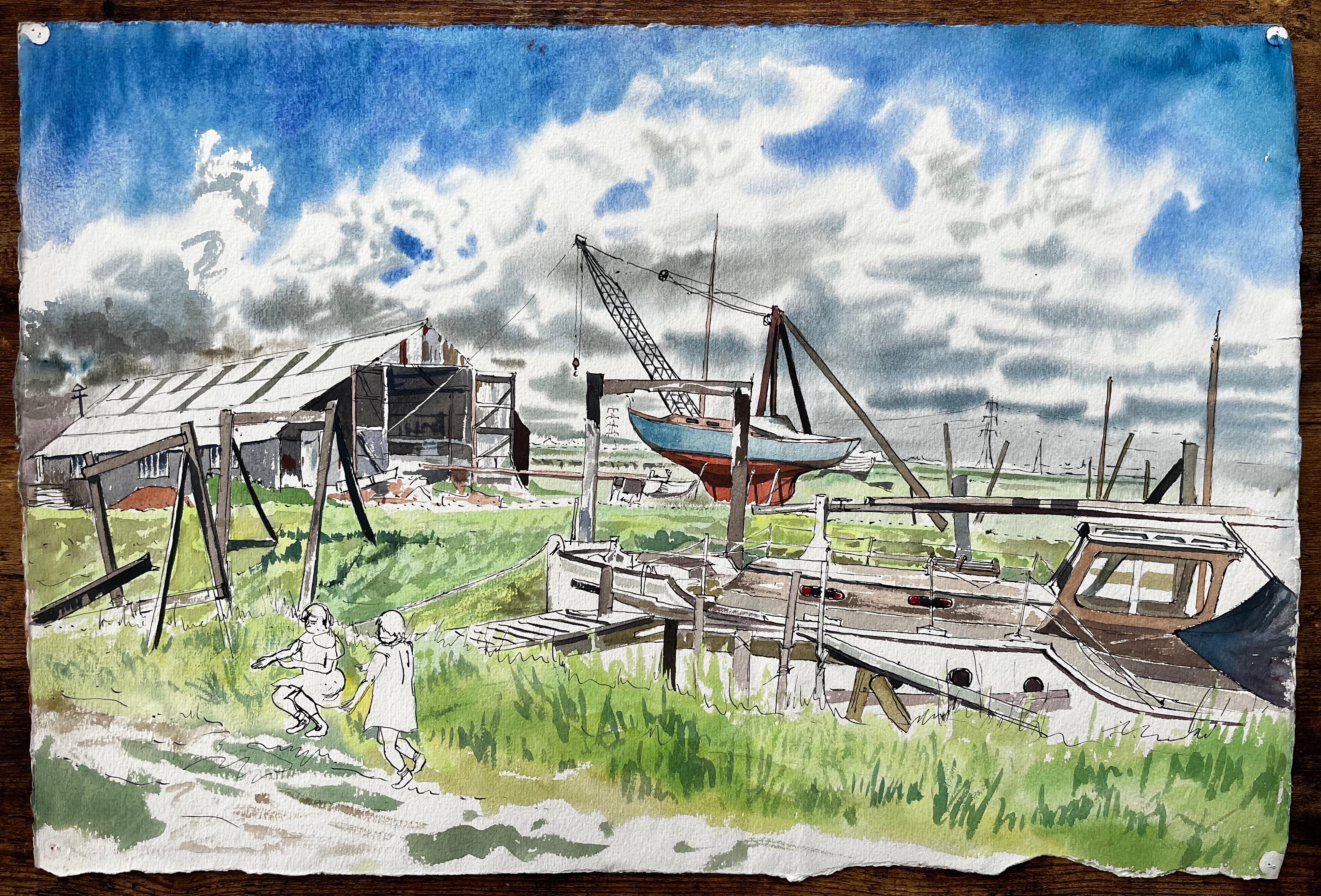 Boatyard with Children and Storm Clouds 20th Century British Watercolour - Art by John Steane (b.1931)
