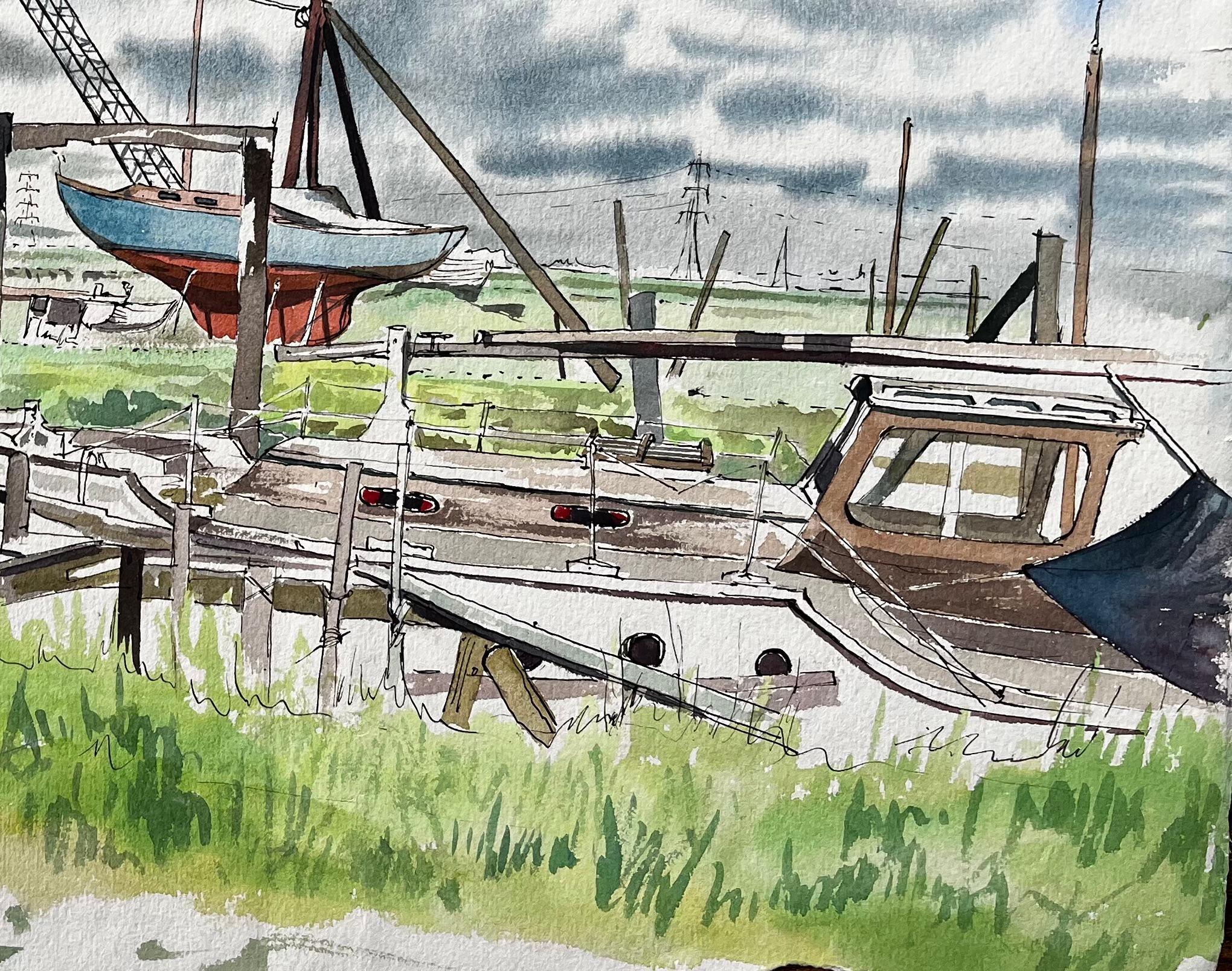 Boatyard with Children and Storm Clouds 20th Century British Watercolour - Impressionist Art by John Steane (b.1931)