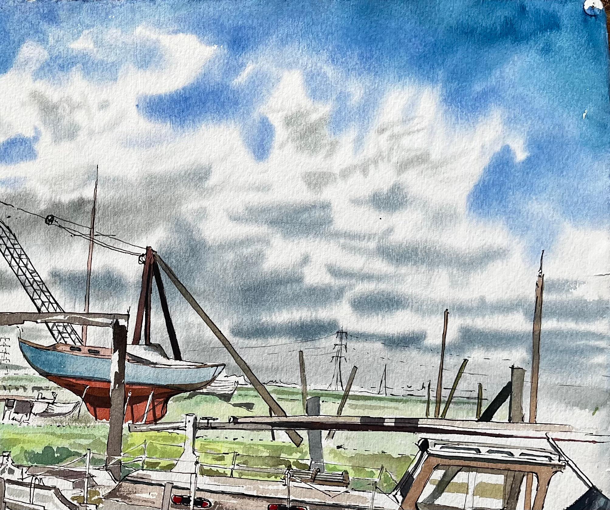 Boatyard with Children and Storm Clouds 20th Century British Watercolour - Gray Landscape Art by John Steane (b.1931)