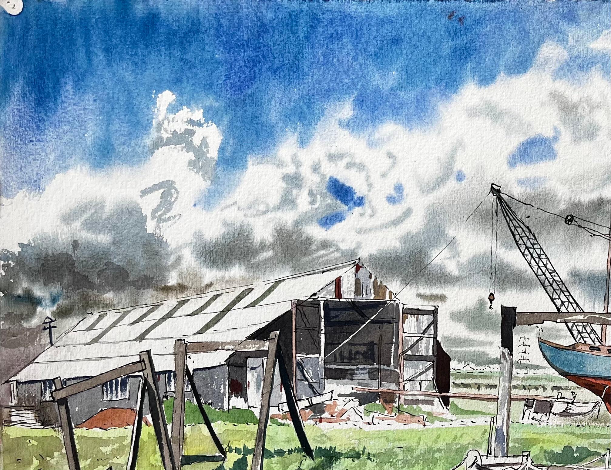 Title: Boatyard with Children and Storm Clouds 20th Century British Watercolour Painting
by John Steane (b.1931)
Size: 15.25 inches (height) x 22.75 inches (width)
watercolor painting on paper, unframed
condition: Good, with some slight corner wear