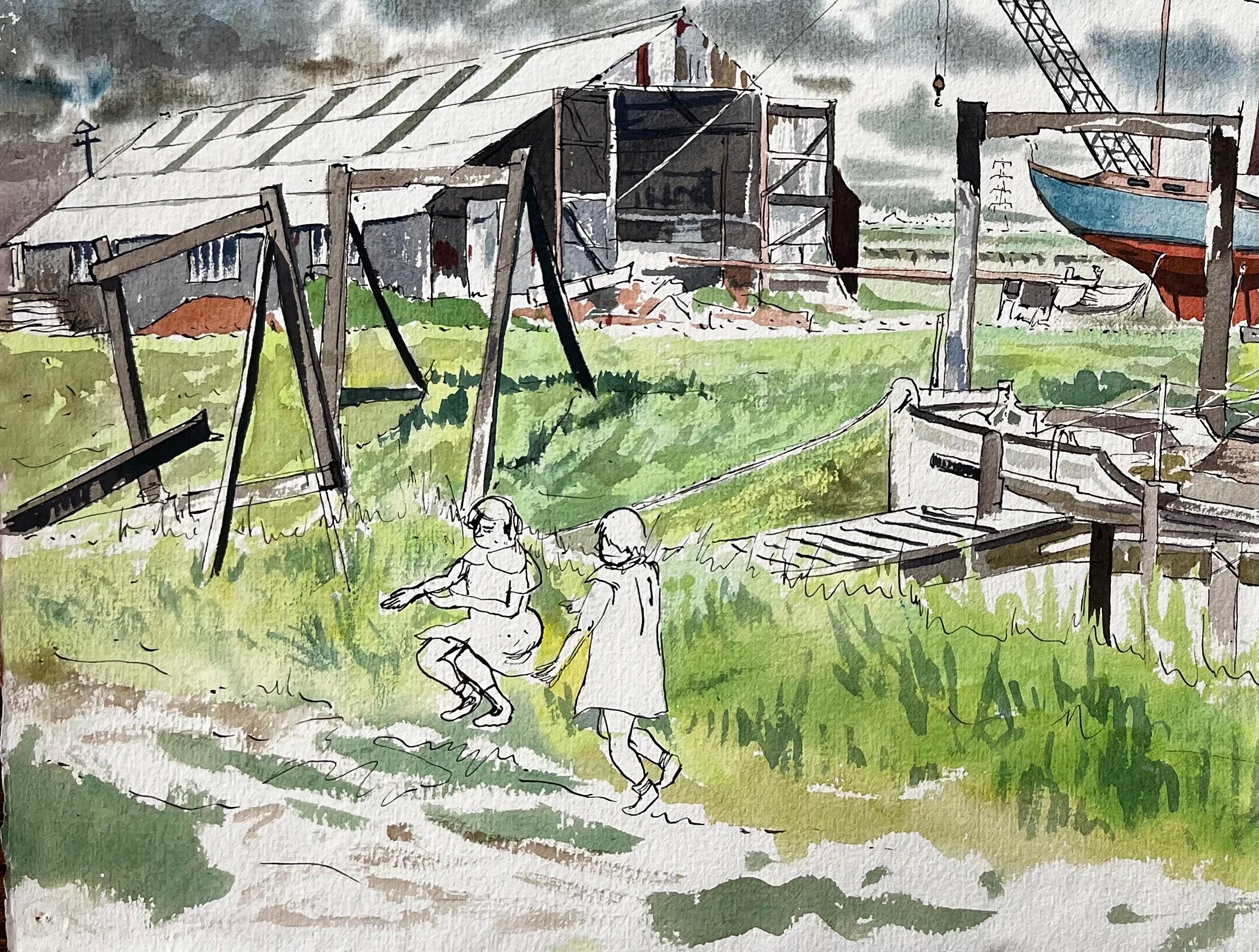 Boatyard with Children and Storm Clouds 20th Century British Watercolour For Sale 1