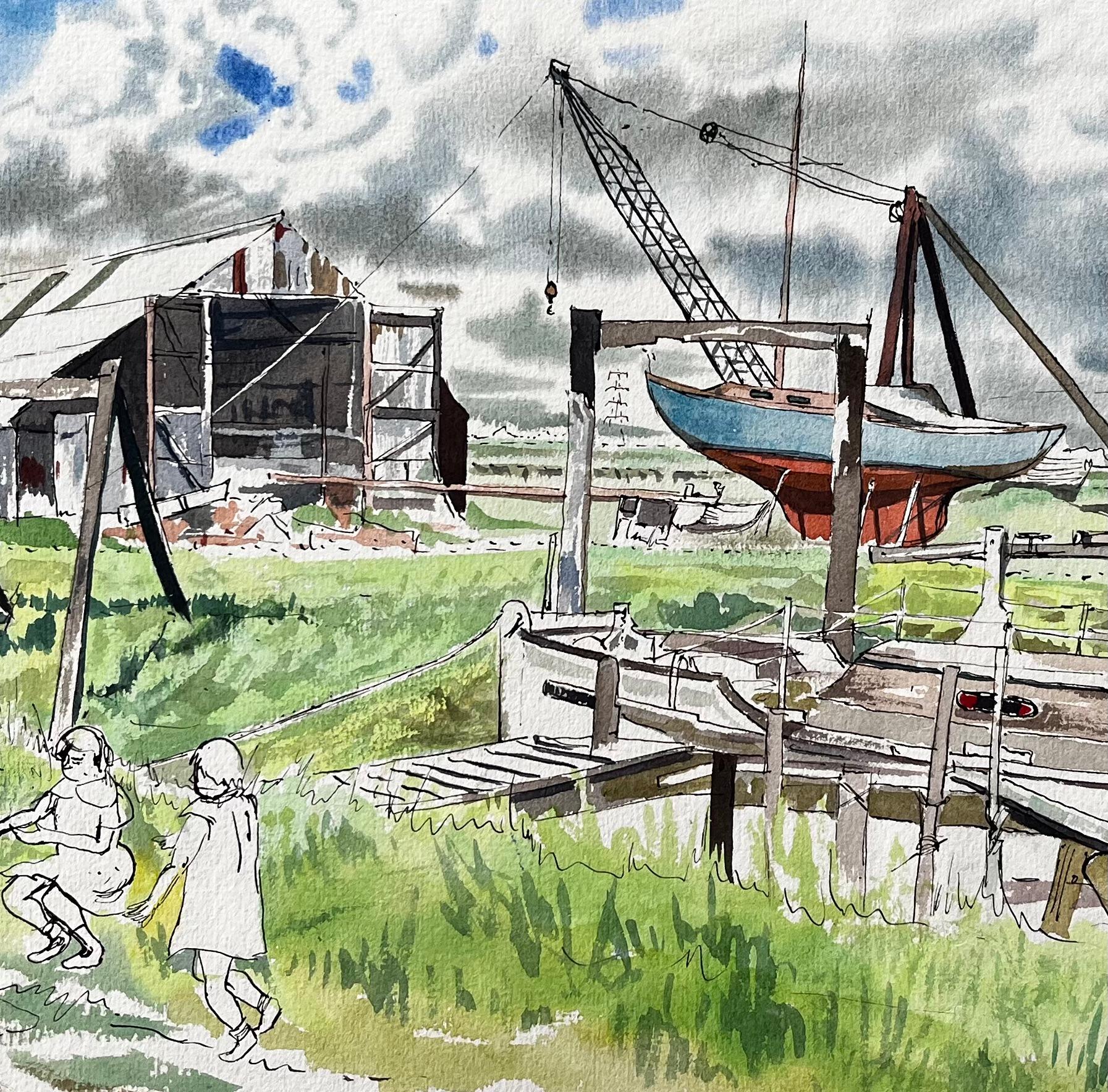 Boatyard with Children and Storm Clouds 20th Century British Watercolour For Sale 2