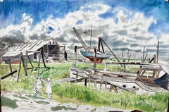 Boatyard with Children and Storm Clouds 20th Century British Watercolour