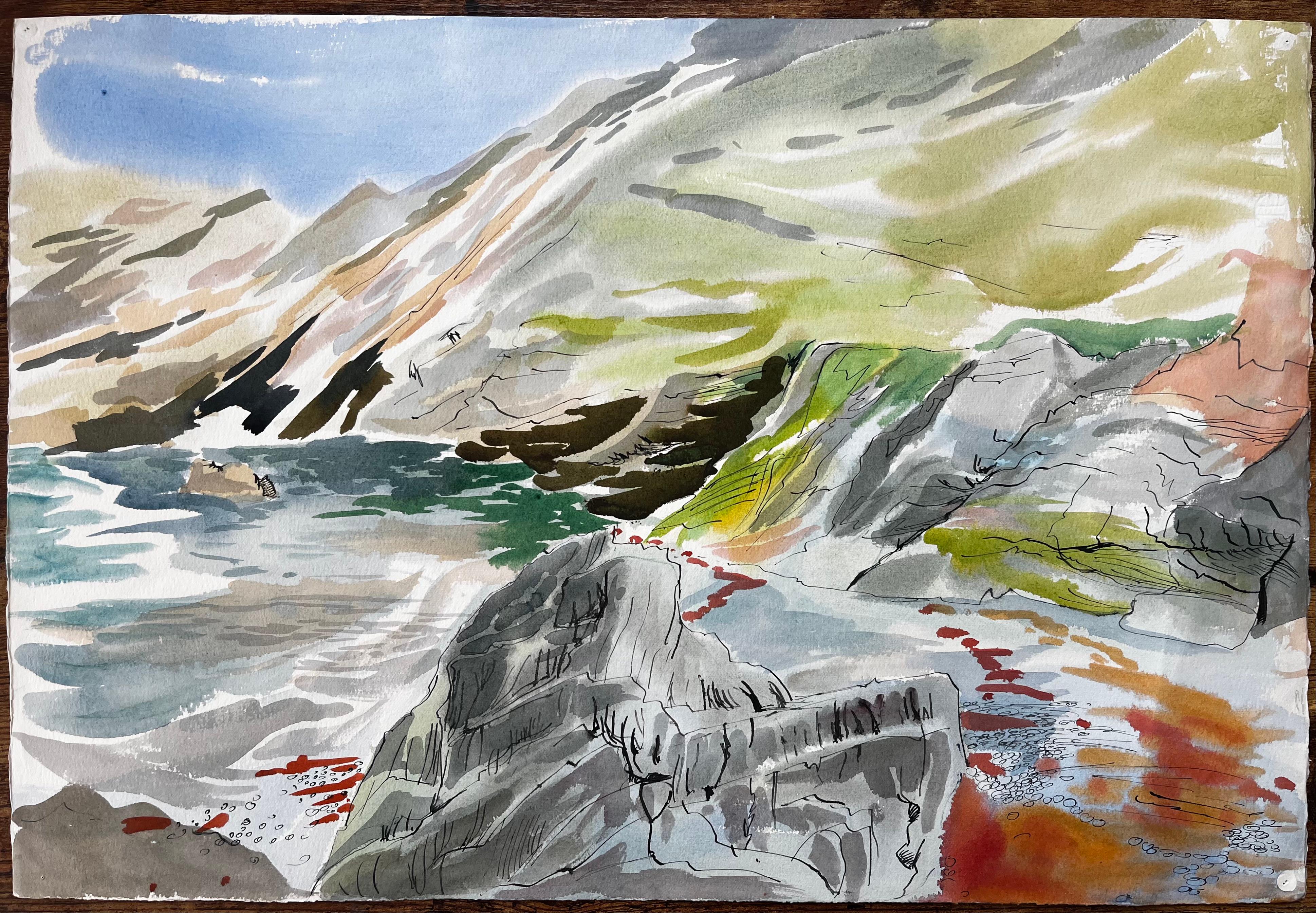 Cliffs and Rock Pools on the Dorset Coastline Expressive Coastal Watercolour - Art by John Steane (b.1931)