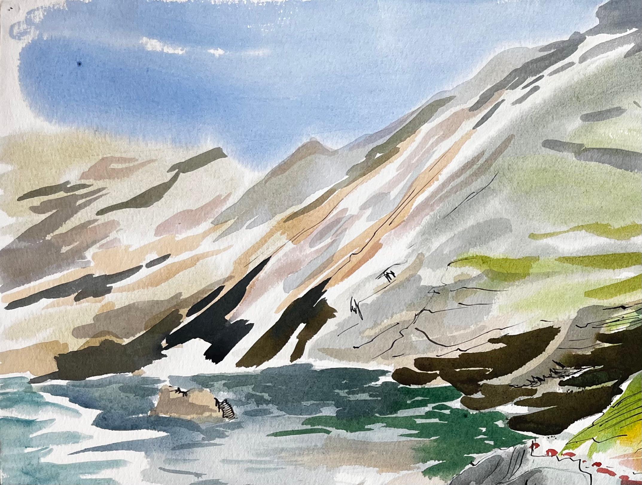 Cliffs and Rock Pools on the Dorset Coastline Expressive Coastal Watercolour - Impressionist Art by John Steane (b.1931)