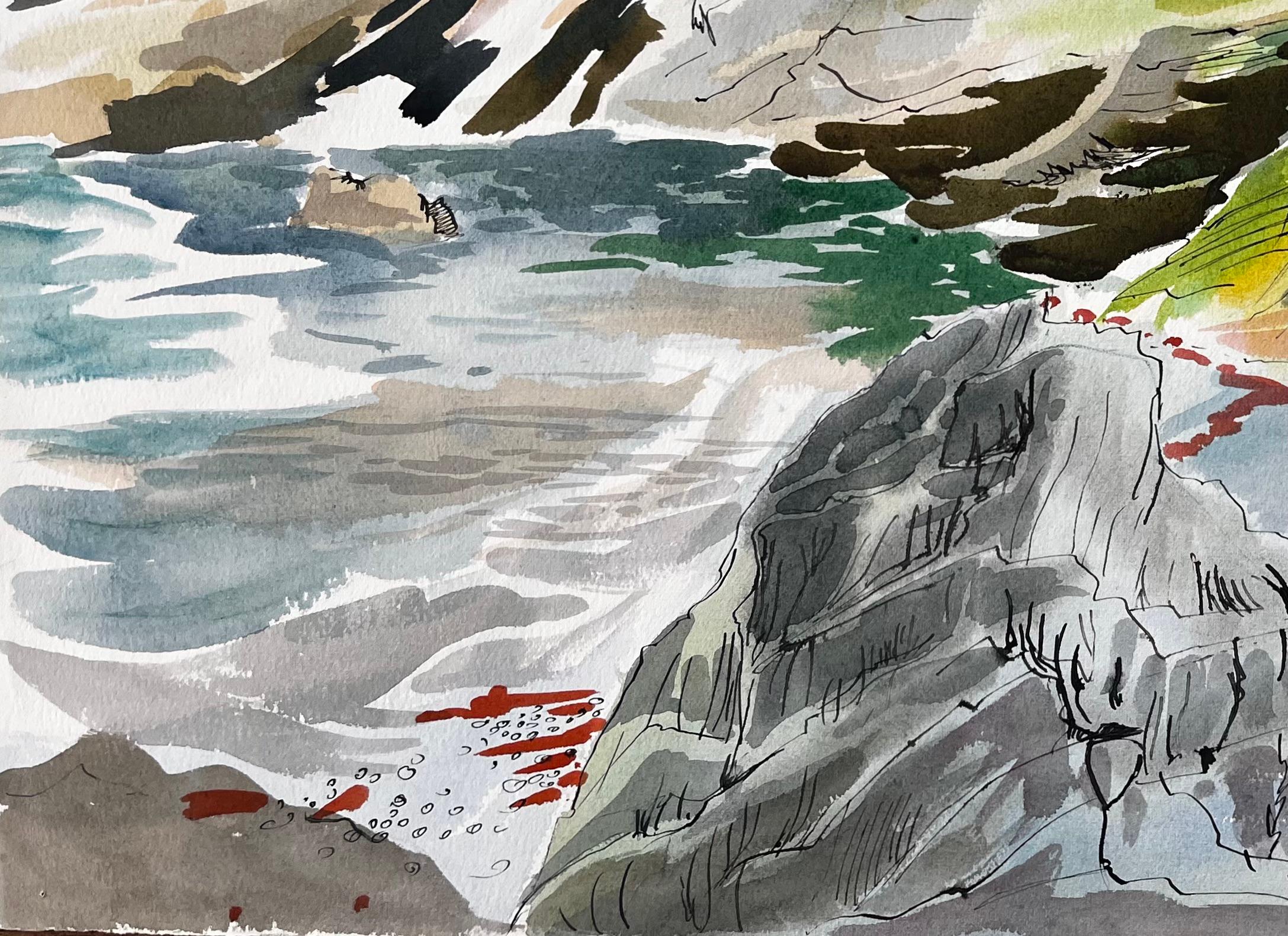 Cliffs and Rock Pools on the Dorset Coastline Expressive Coastal Watercolour - Gray Landscape Art by John Steane (b.1931)