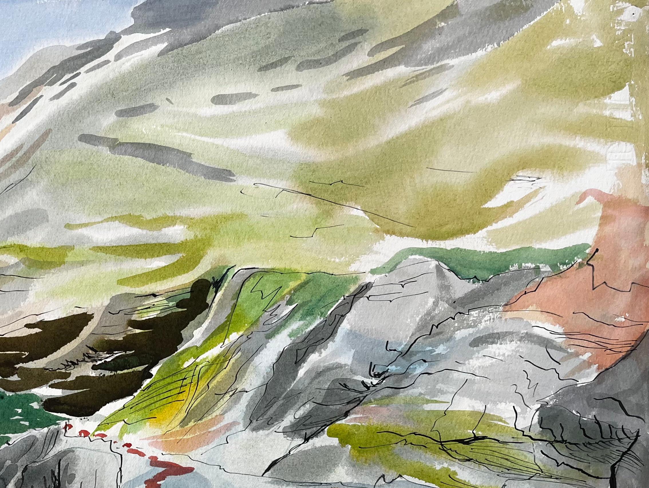 Title: Cliffs and Rock Pools on the Dorset Coastline Expressive Coastal Watercolour
by John Steane (b.1931)
Size: 15.75 inches (height) x 23 inches (width)
Inscribed verso: “Dorset Coastline”
watercolor painting on paper, unframed
condition: good,