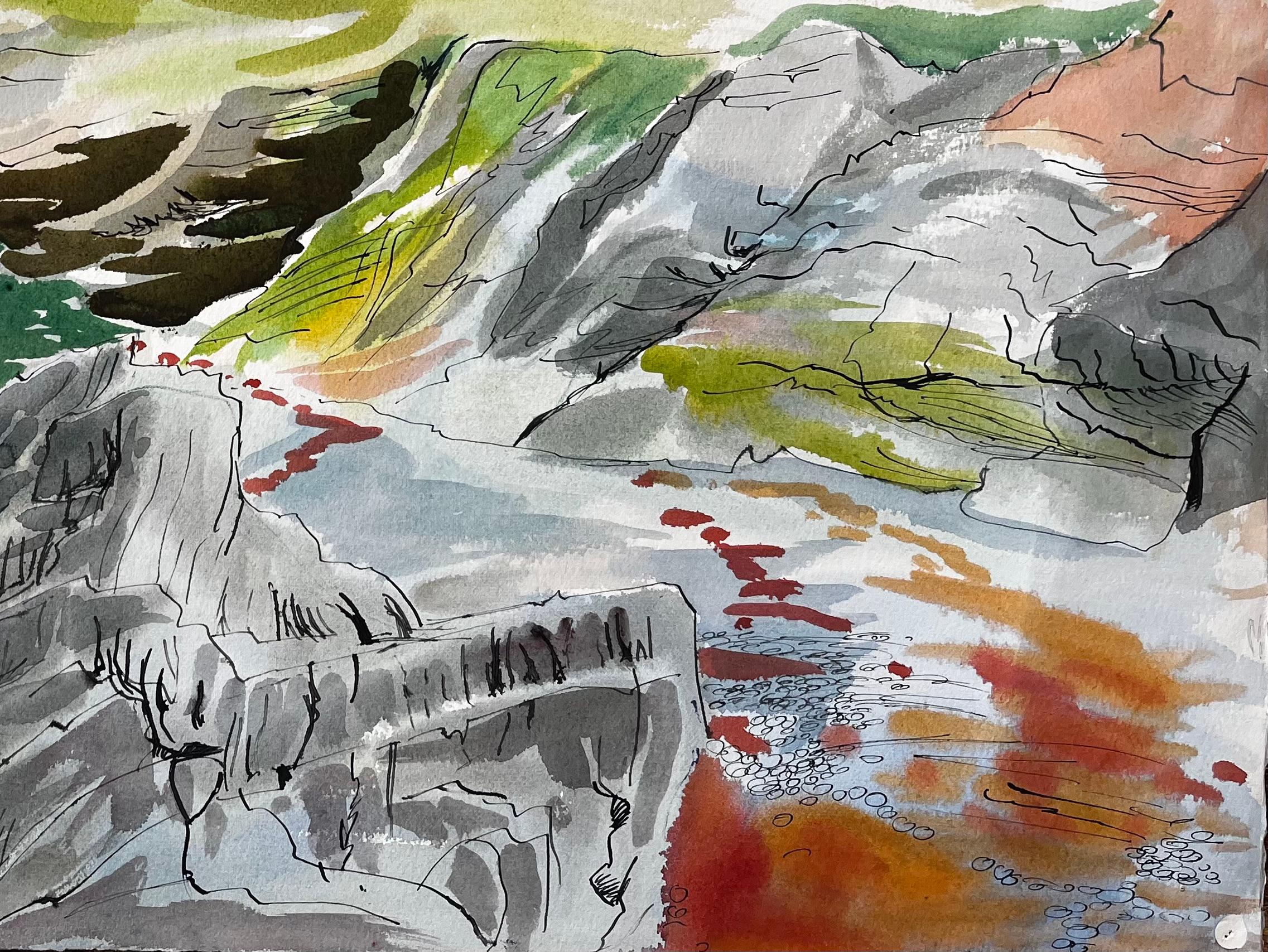 Cliffs and Rock Pools on the Dorset Coastline Expressive Coastal Watercolour For Sale 1