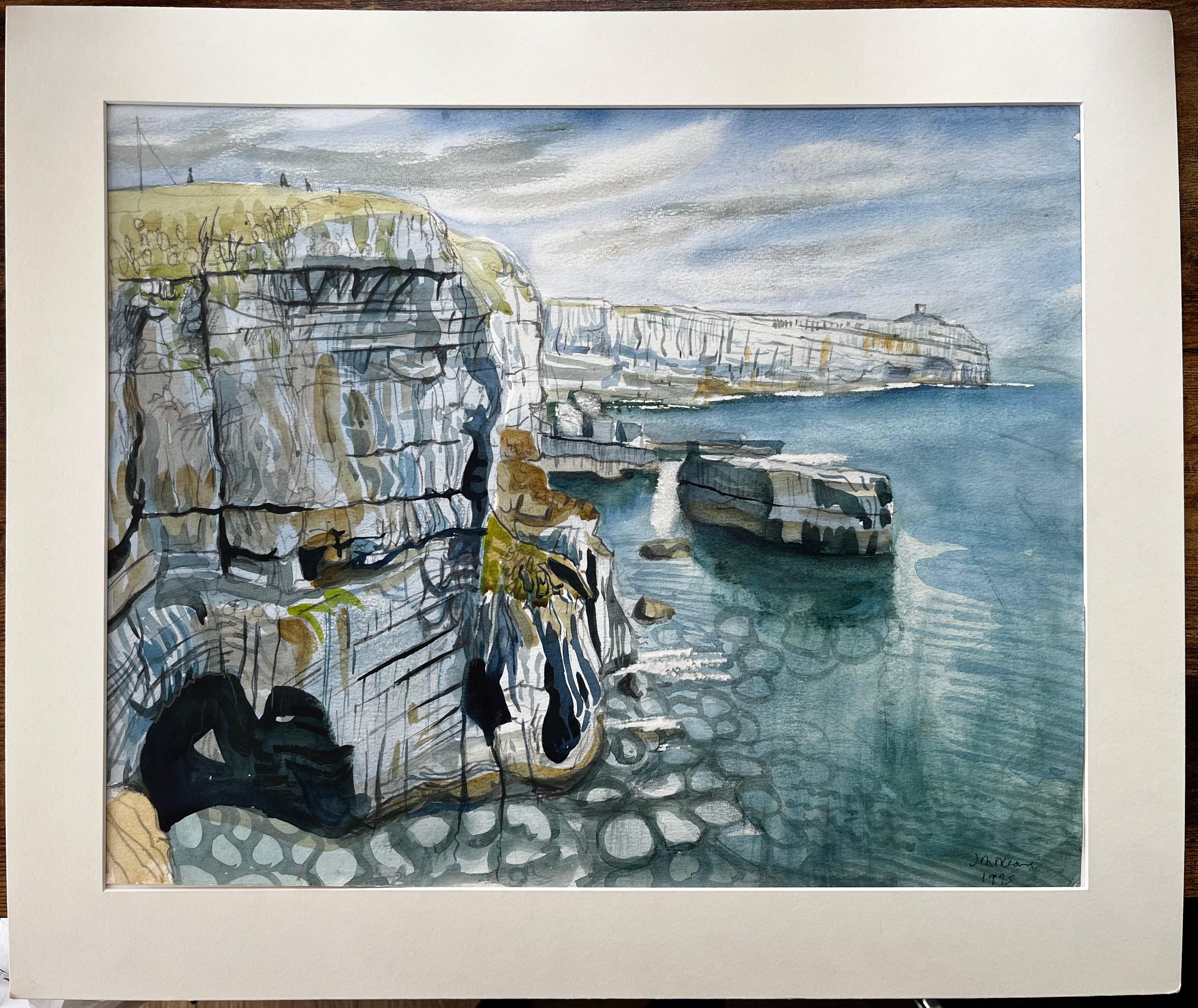 Klippenansicht der Küste von Dorset mit Meeresfelsen und Höhlen Signiertes Aquarell von 1995 – Art von John Steane (b.1931)