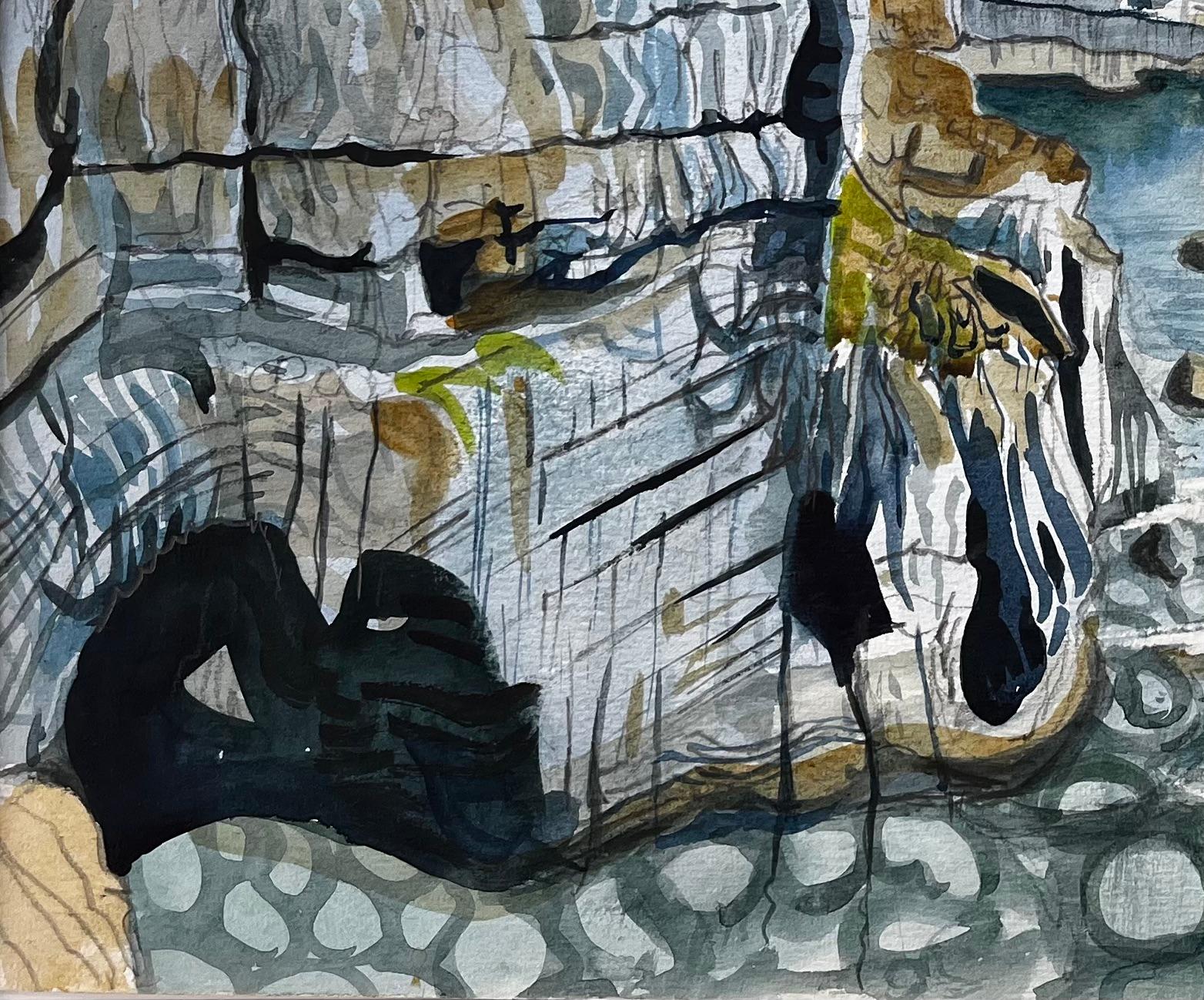 Klippenansicht der Küste von Dorset mit Meeresfelsen und Höhlen Signiertes Aquarell von 1995 (Impressionismus), Art, von John Steane (b.1931)