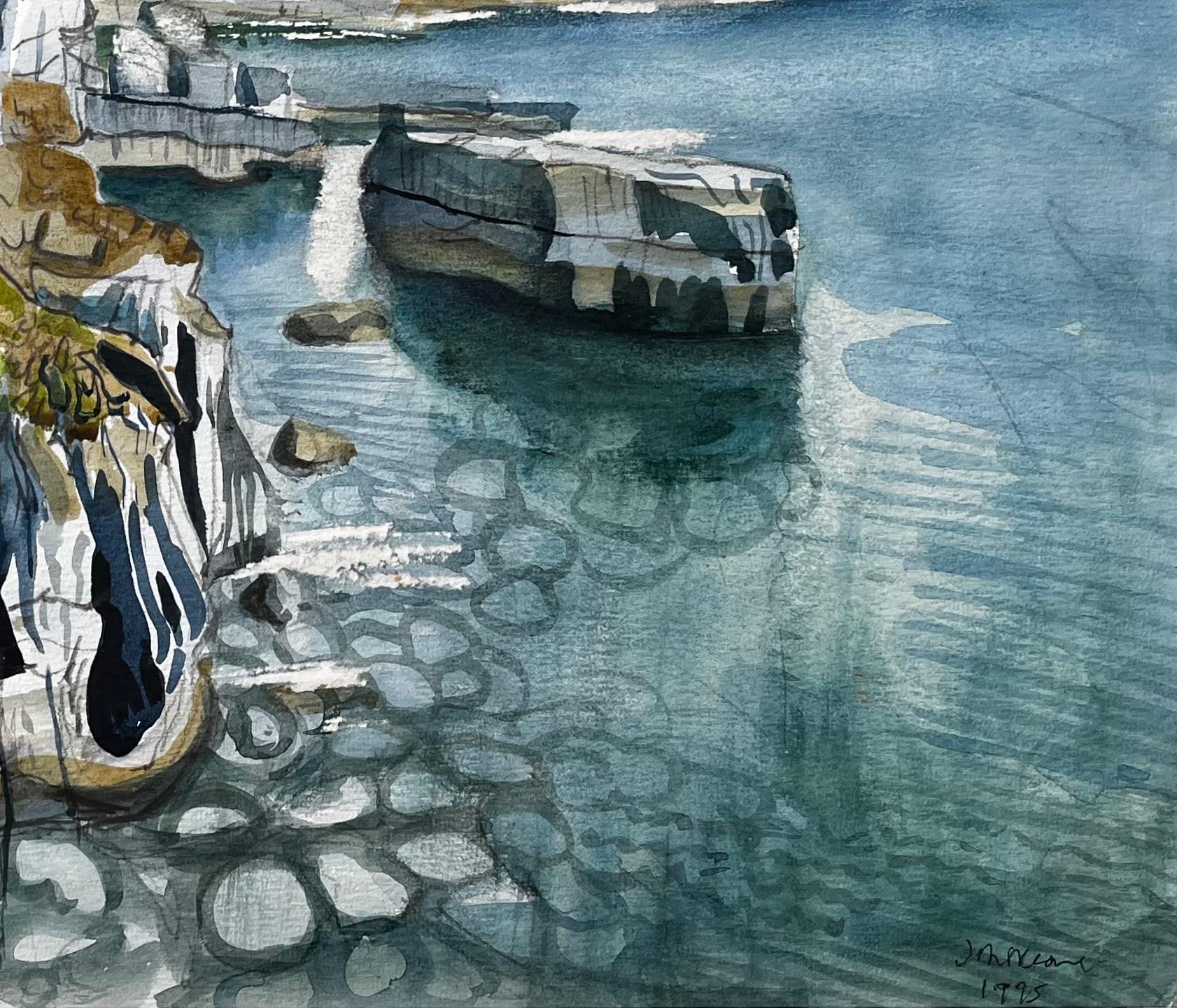 Klippenansicht der Küste von Dorset mit Meeresfelsen und Höhlen Signiertes Aquarell von 1995 (Grau), Landscape Art, von John Steane (b.1931)