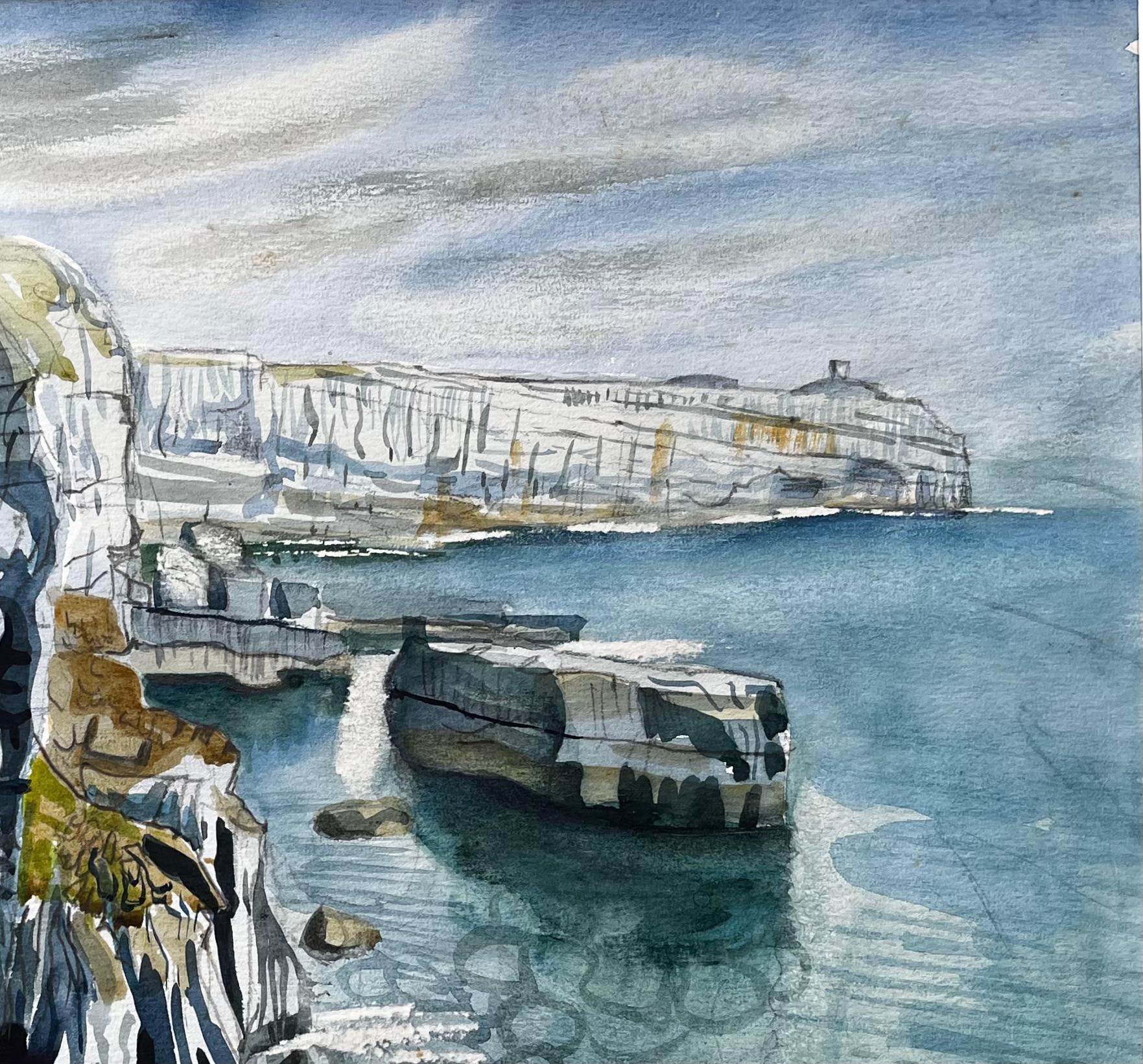 Klippenansicht der Küste von Dorset mit Meeresfelsen und Höhlen Signiertes Aquarell von 1995 im Angebot 1