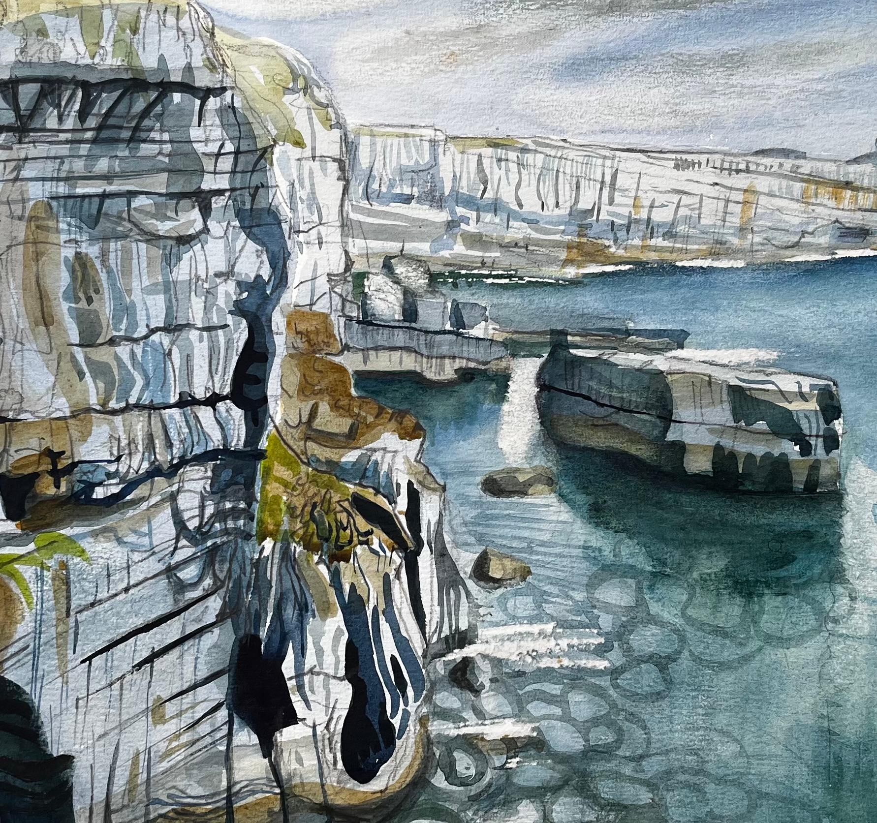 Klippenansicht der Küste von Dorset mit Meeresfelsen und Höhlen Signiertes Aquarell von 1995 im Angebot 2