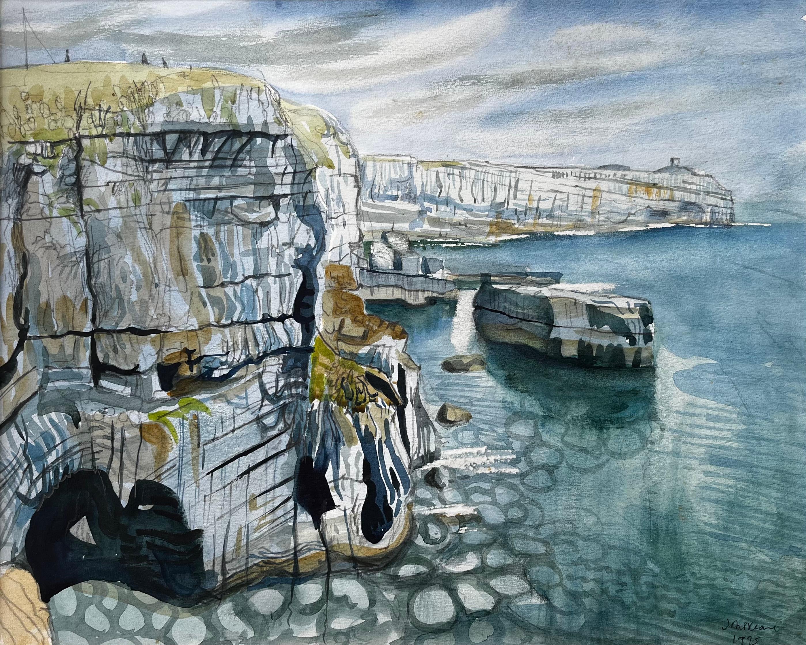 John Steane (b.1931) Landscape Art – Klippenansicht der Küste von Dorset mit Meeresfelsen und Höhlen Signiertes Aquarell von 1995