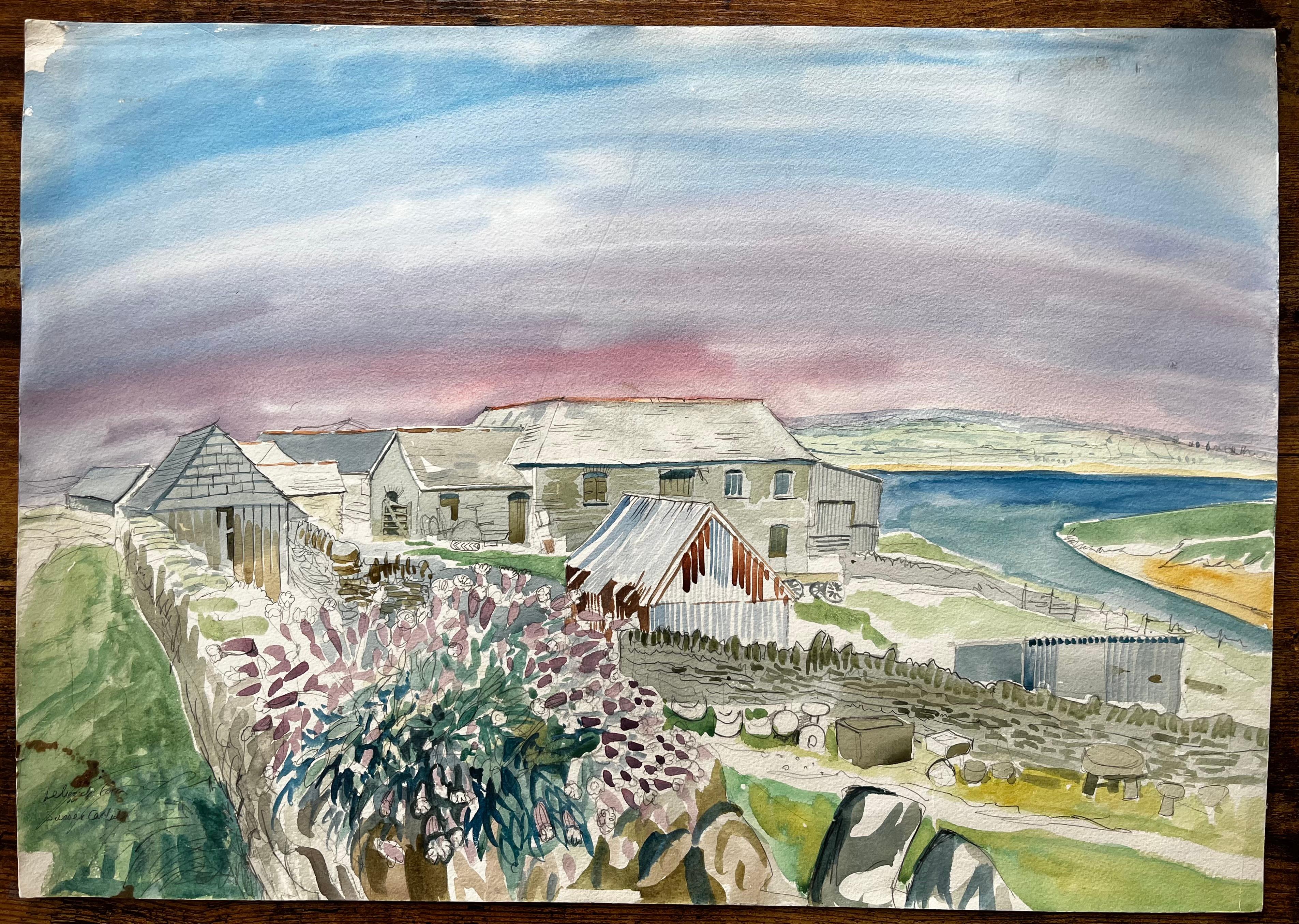Cornish Farm Buildings with Coastal View 20th Century British Watercolour - Art by John Steane (b.1931)