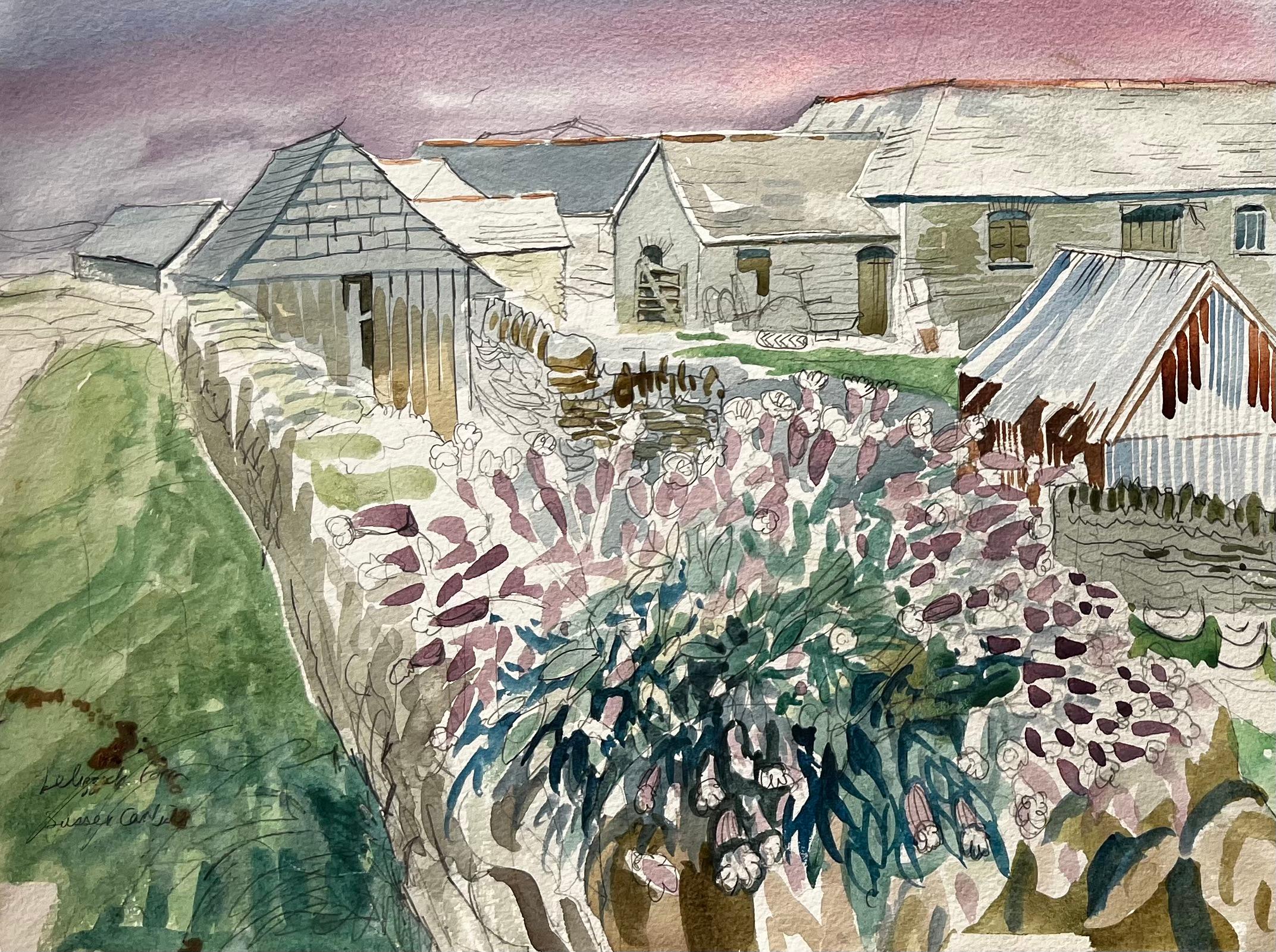 Cornish Farm Buildings with Coastal View 20th Century British Watercolour - Impressionist Art by John Steane (b.1931)
