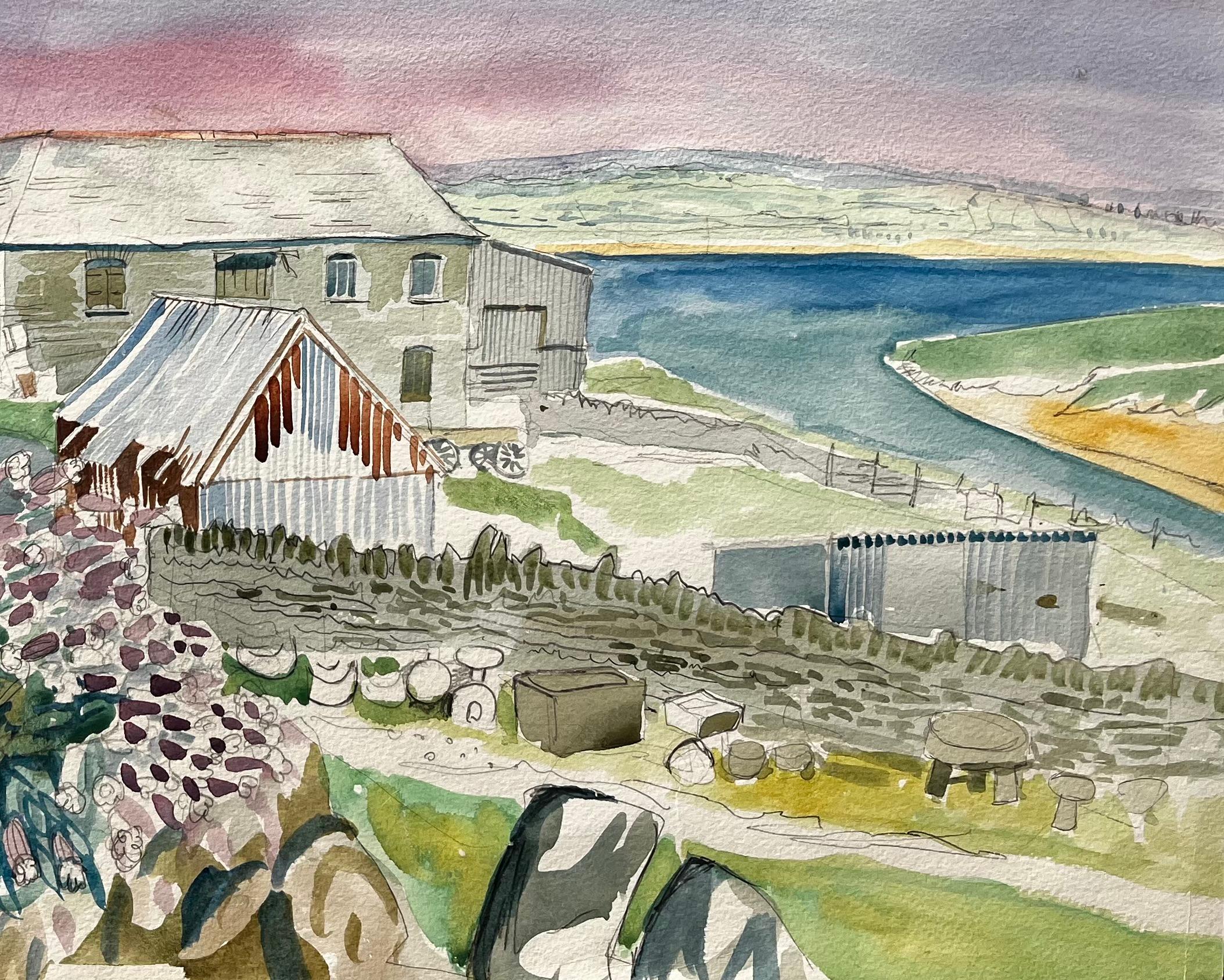 Cornish Farm Buildings with Coastal View 20th Century British Watercolour - Gray Landscape Art by John Steane (b.1931)