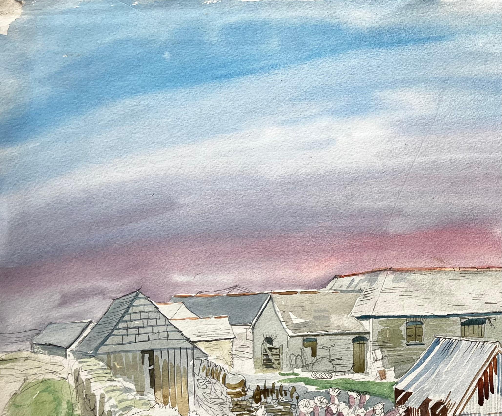 Title: Cornish Farm Buildings with Coastal View 20th Century British Watercolour
by John Steane (b.1931)
Size: 16.5 inches (height) x 23.5 inches (width)
watercolor painting on paper, unframed
condition: Good, with some slight corner wear and light