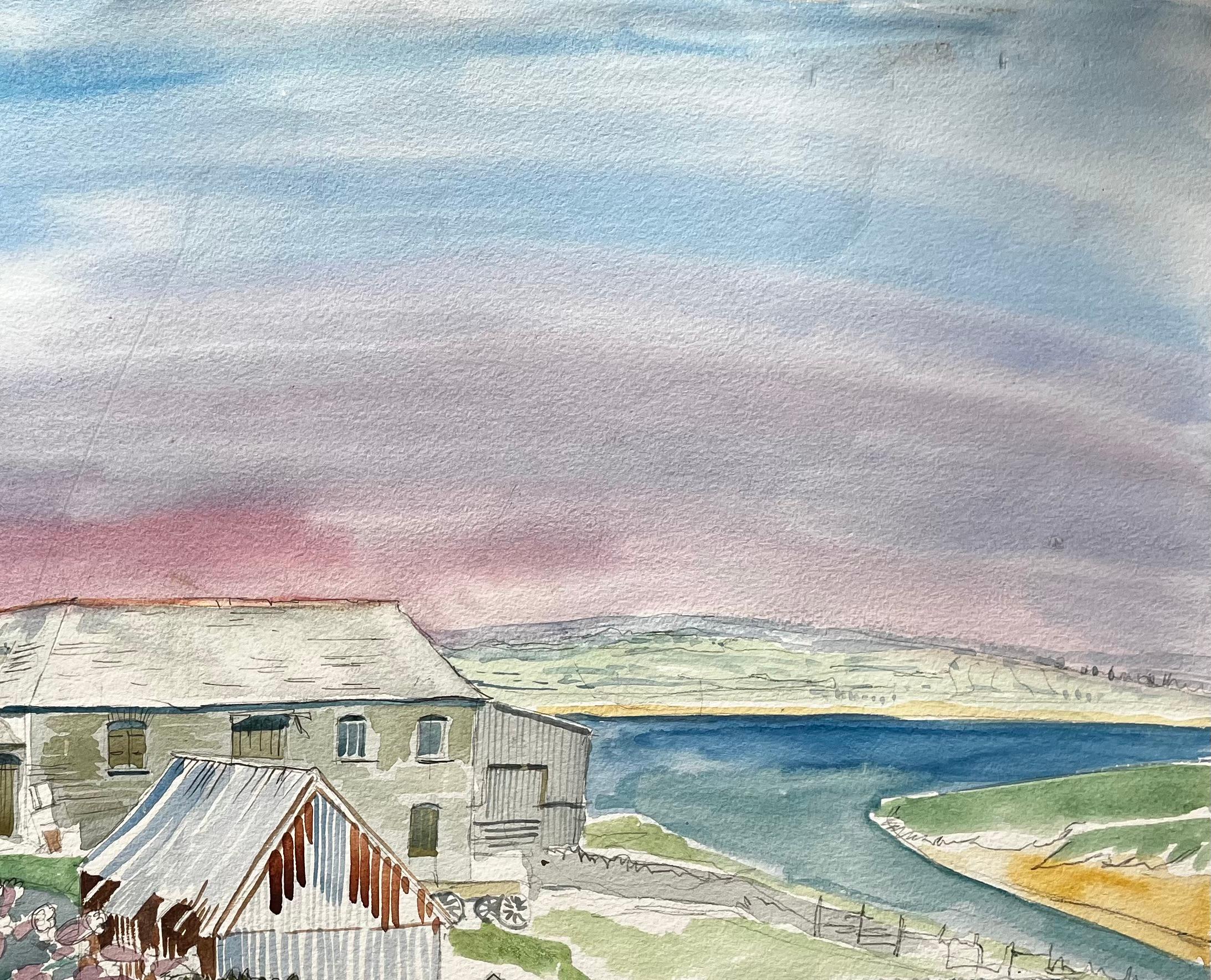 Cornish Farm Buildings with Coastal View 20th Century British Watercolour For Sale 1