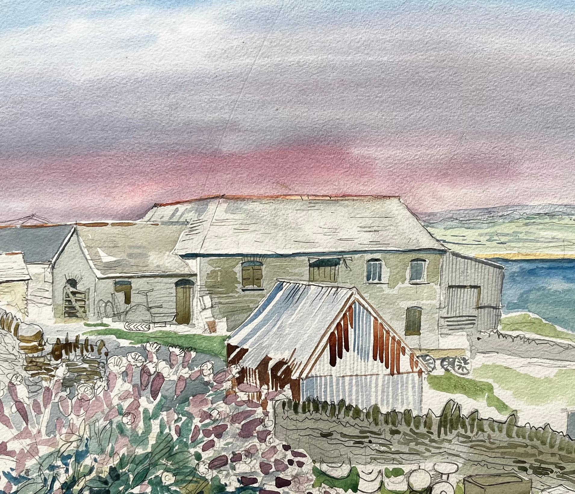 Cornish Farm Buildings with Coastal View 20th Century British Watercolour For Sale 2