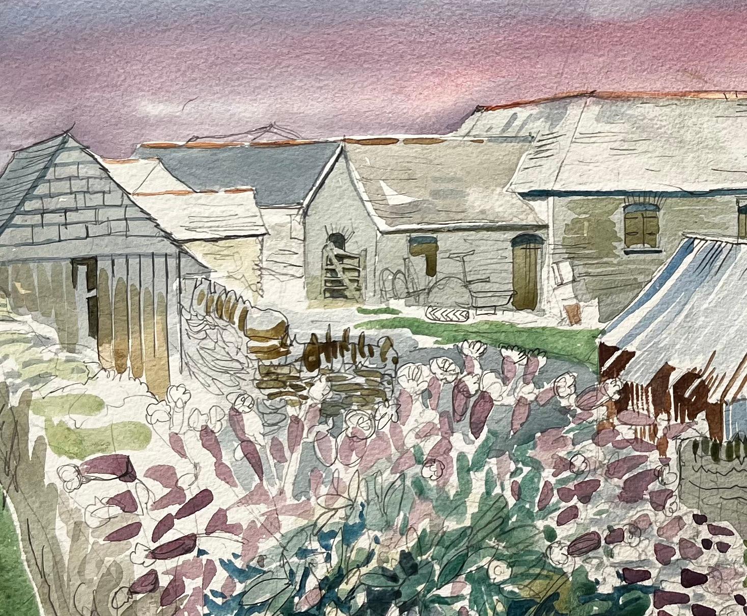Cornish Farm Buildings with Coastal View 20th Century British Watercolour For Sale 3
