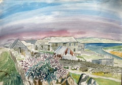 Cornish Farm Buildings with Coastal View 20th Century British Watercolour