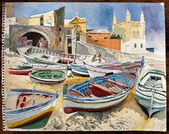 Cretan Fishing Boats in Harbour with Church and Village 1980 Coastal Watercolour