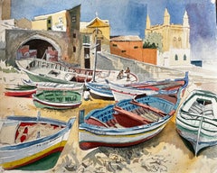 Cretan Fishing Boats in Harbour with Church and Village 1980 Coastal Watercolour
